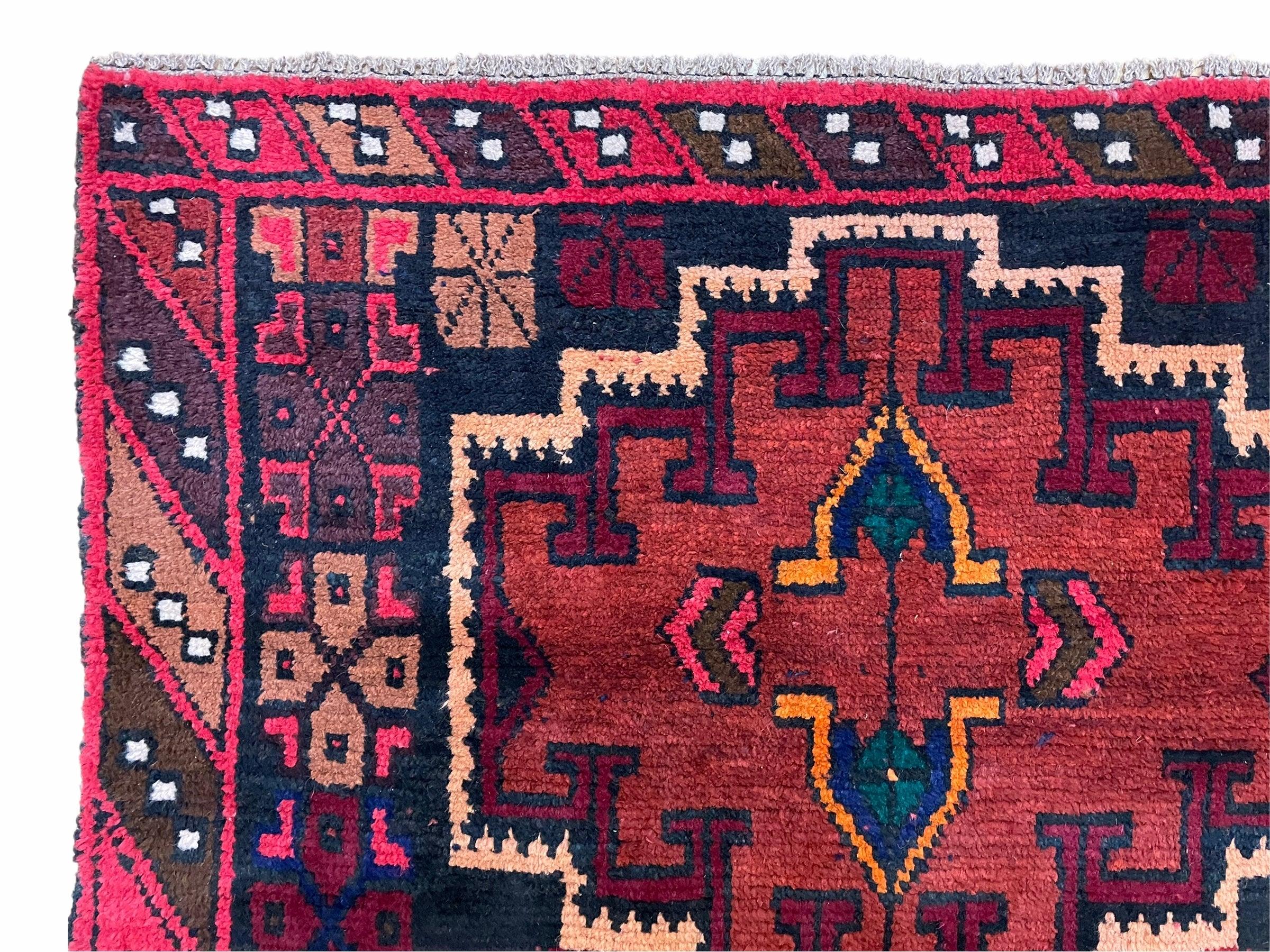 3' 2" X 4' 6" Vintage Handmade Tribal Wool Rug Balouchi Rug Afghan Red Blue 3x5 - Jewel Rugs