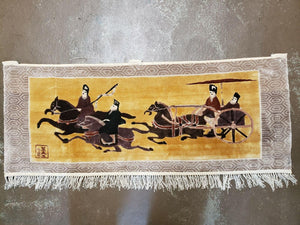 17" X 42" Handmade Chinese Silk Rug Horse Riding Carriage Ride Wall Hanging Wow - Jewel Rugs