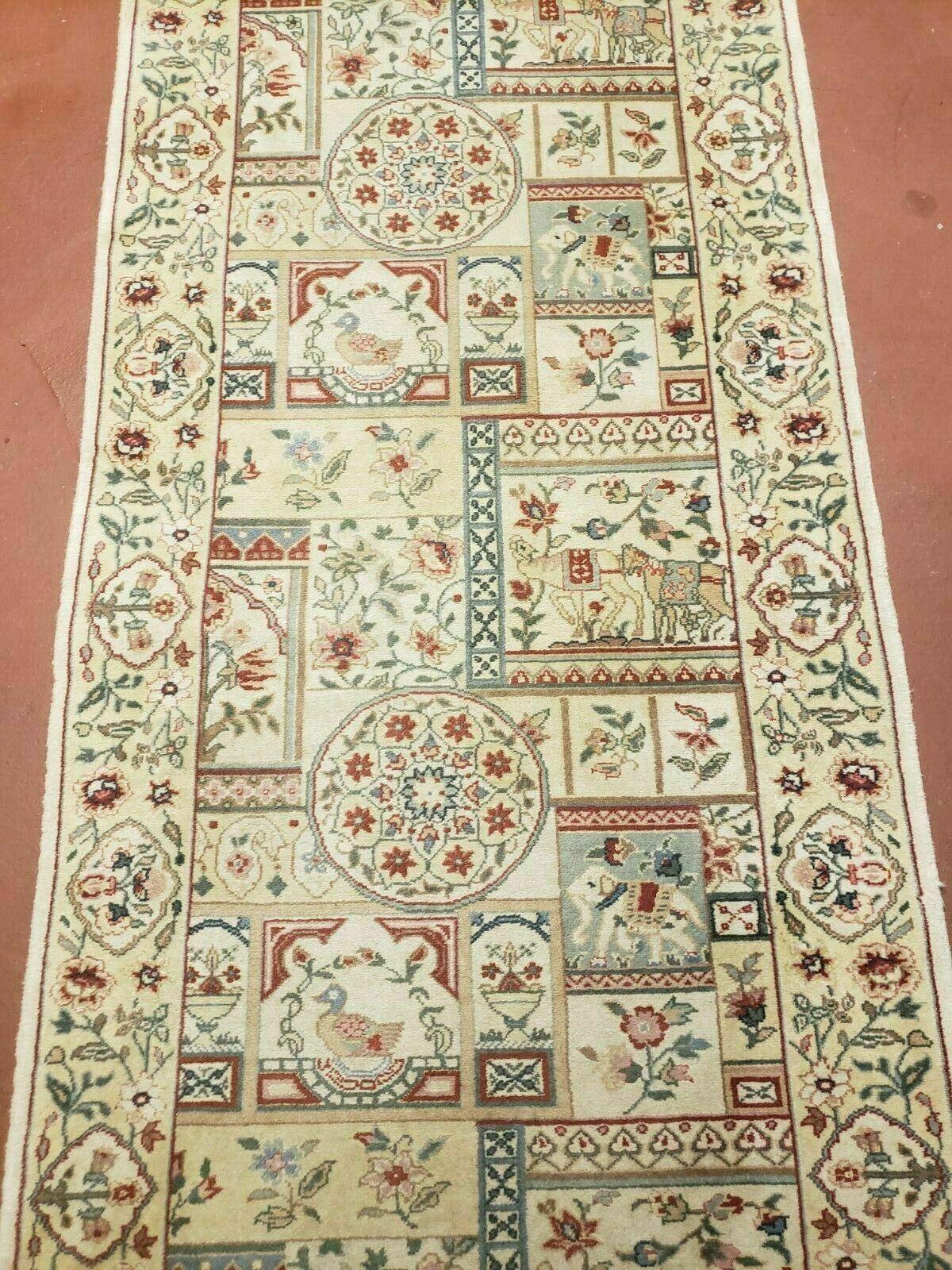 2' 5" X 12' Handmade India Floral Oriental Wool Runner Rug Horse Elephant Animal Pictorial Nice - Jewel Rugs