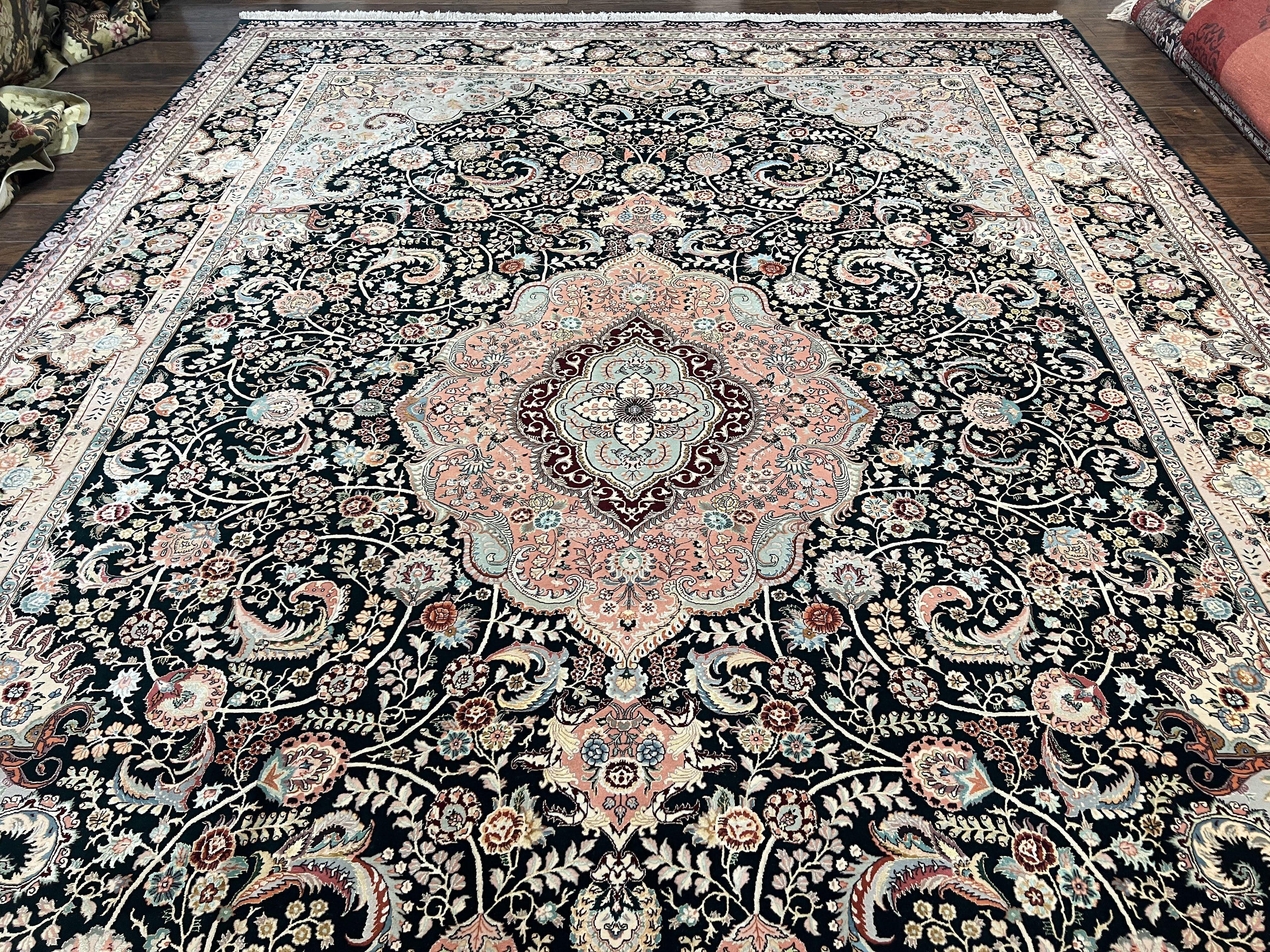 Wonderful Sino Persian Rug 10x14, Wool on Silk Foundation, Very Fine Floral Medallion Oriental Carpet, Dark Green Salmon Pink Light, Wow - Jewel Rugs