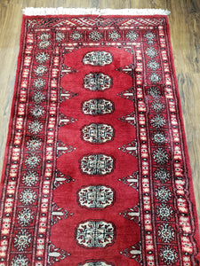 Vintage Bokhara Runner Rug 2.6 x 14, Wool Hand-Knotted Red & Ivory Pakistani Turkoman Yamud Hallway Carpet, Long Skinny Oriental Runner 14ft - Jewel Rugs