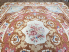 Vintage Aubusson Needlepoint Area Rug 8x10, Brown Ivory Hibiscus Red & Light Blue, Hand-Knotted Wool Carpet Chinese Savonnerie Flatweave Rug - Jewel Rugs