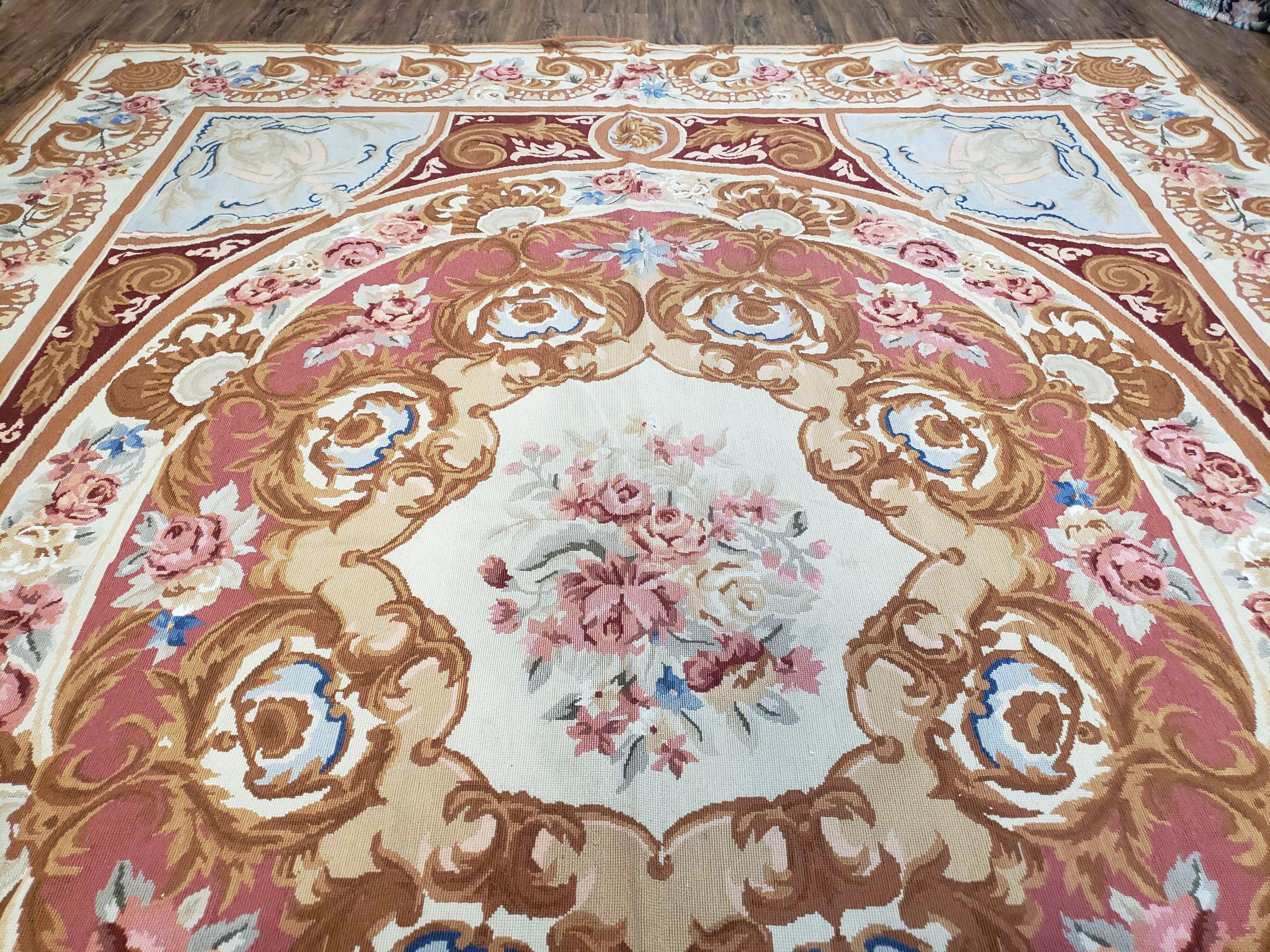 Vintage Aubusson Needlepoint Area Rug 8x10, Brown Ivory Hibiscus Red & Light Blue, Hand-Knotted Wool Carpet Chinese Savonnerie Flatweave Rug - Jewel Rugs