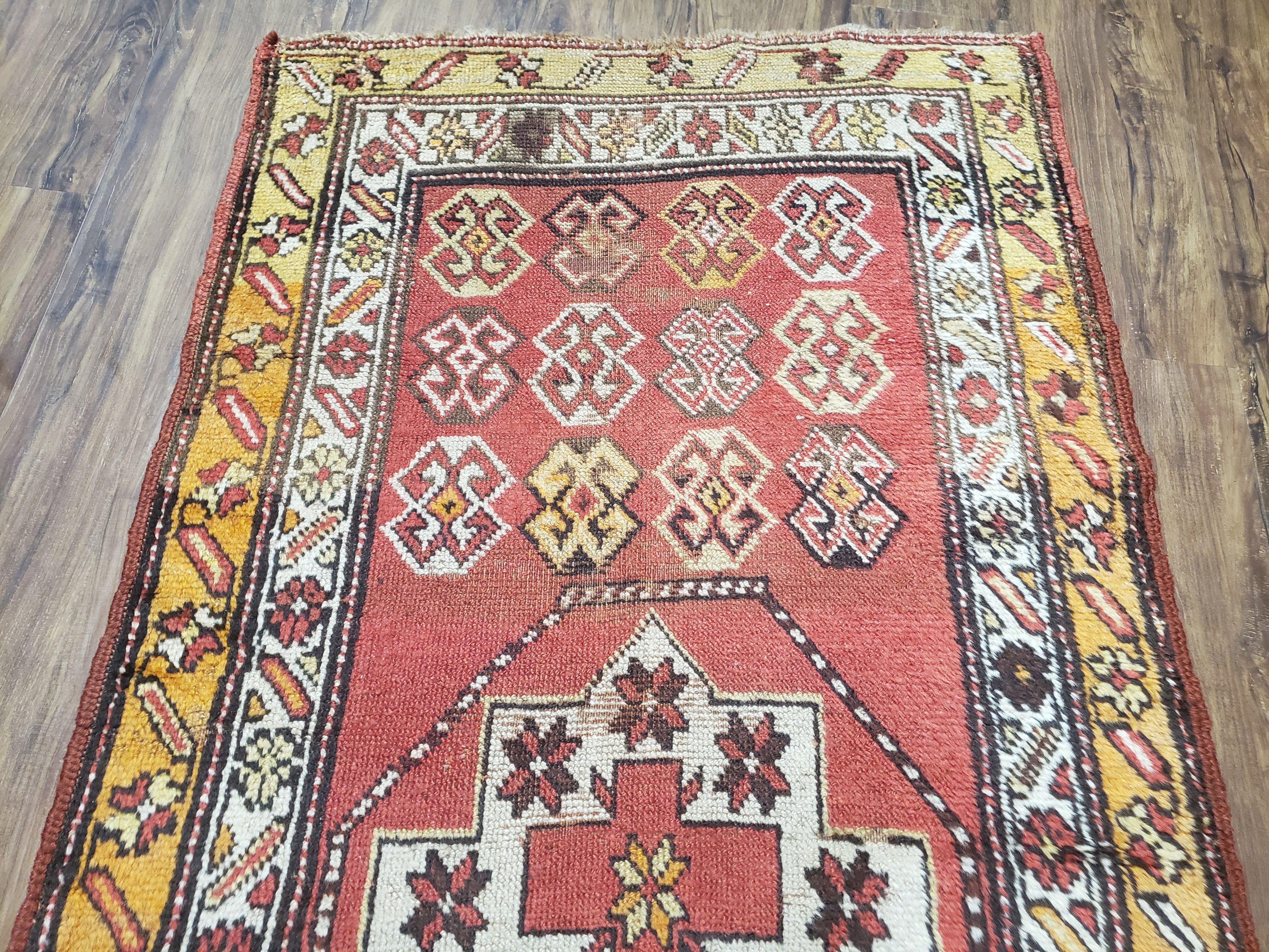 Antique Caucasian Kazak Runner Rug 10.5 ft Long, Red Orange Hand-Knotted Wool Carpet, 3x11 Oriental Runner, Shabby Chic, Boho Rug - Jewel Rugs