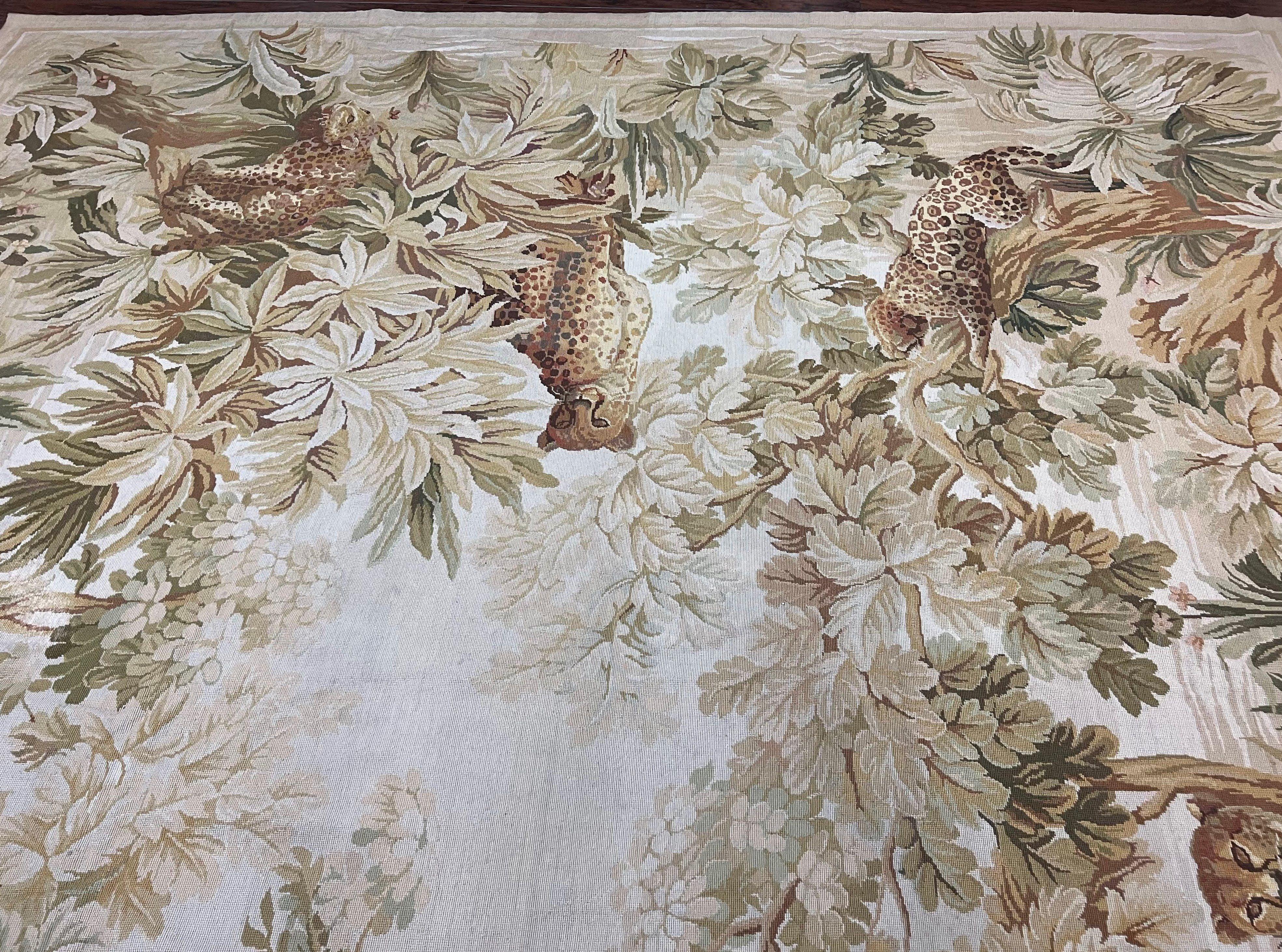 Needlepoint Rug 10x14, Floral Pattern with Leopards, Ivory Beige Tan, Handmade Wool Large Needlepoint Carpet 10 x 14 ft, Animal Pictorials - Jewel Rugs