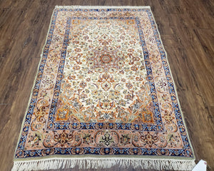 Vintage Persian Isfahan Lachak Toranj Rug, Highly Detailed, Kork Wool on Silk Foundation, Beige and Dark Blue, Hand-Knotted, 3'6" x 5' 4" - Jewel Rugs