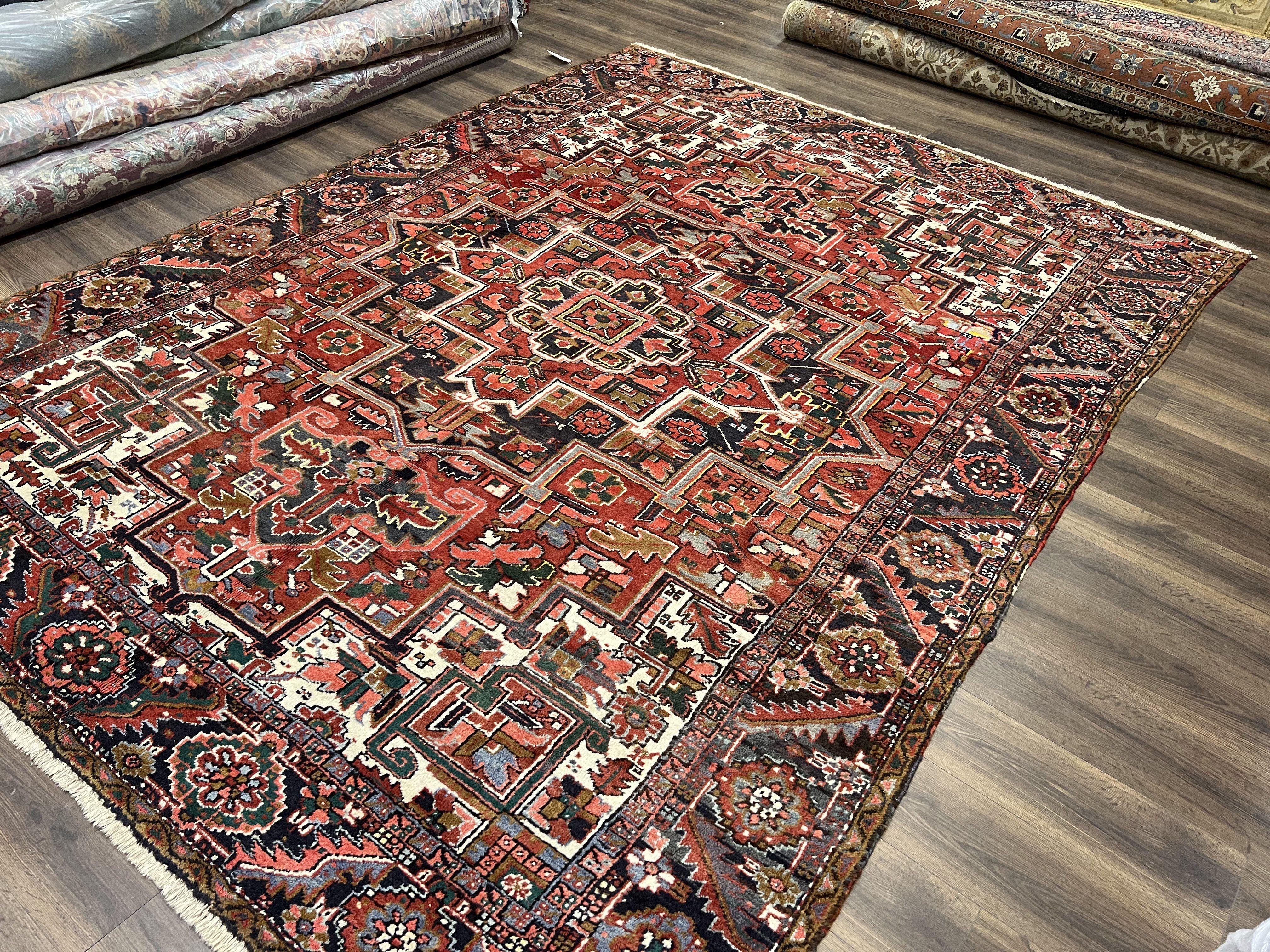 Persian Heriz Rug 8x12, Vintage Geometric Medallion Carpet, Semi Antique Wool Handmade Room Sized Oriental Rug 8 x 12, Red Dark Blue Ivory - Jewel Rugs