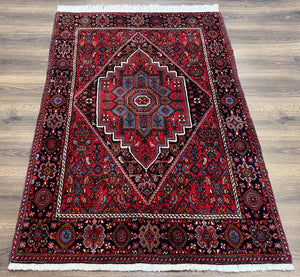 Fine Persian Bidjar Rug 3x5 ft, Ruby Red and Black, Geometric Medallion, Hand Knotted Semi Antique Oriental Bijar Carpet, Wool Area Rug, Tribal Rug - Jewel Rugs
