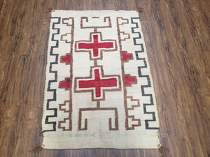 Semi Antique Navajo Rug 3x5, Wool Hand Woven, First Aid Cross Navajo American Blanket, Kilim Rug, Ivory Red, Nice, Rare Navaho Blanket - Jewel Rugs