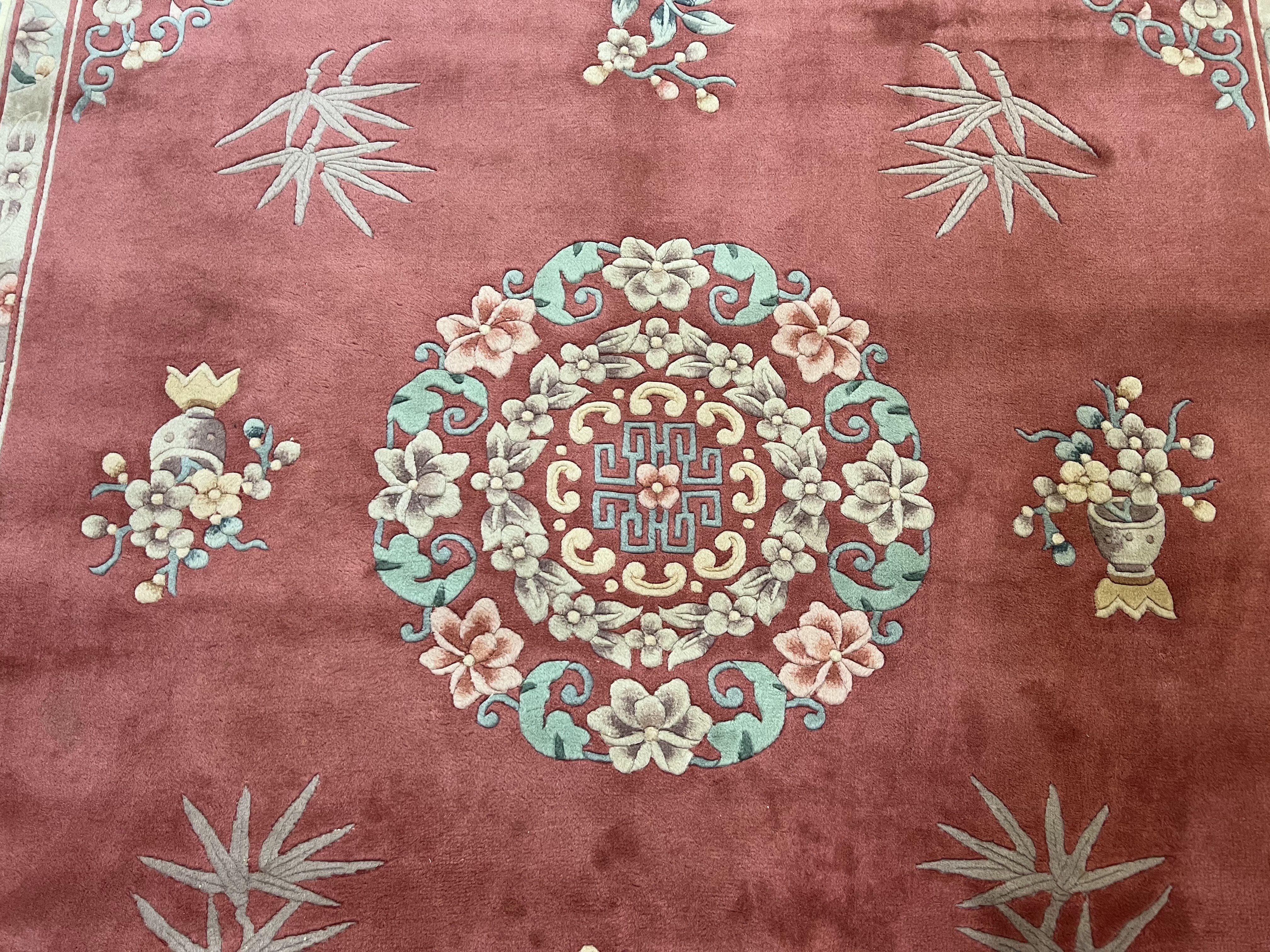 Chinese Carved Rug 8x10, Vintage 1960s Chinese Wool Carpet, Asian Oriental Handmade Sculpted Rug Pink Cream Art Deco Floral Medallion 8 x 10 - Jewel Rugs