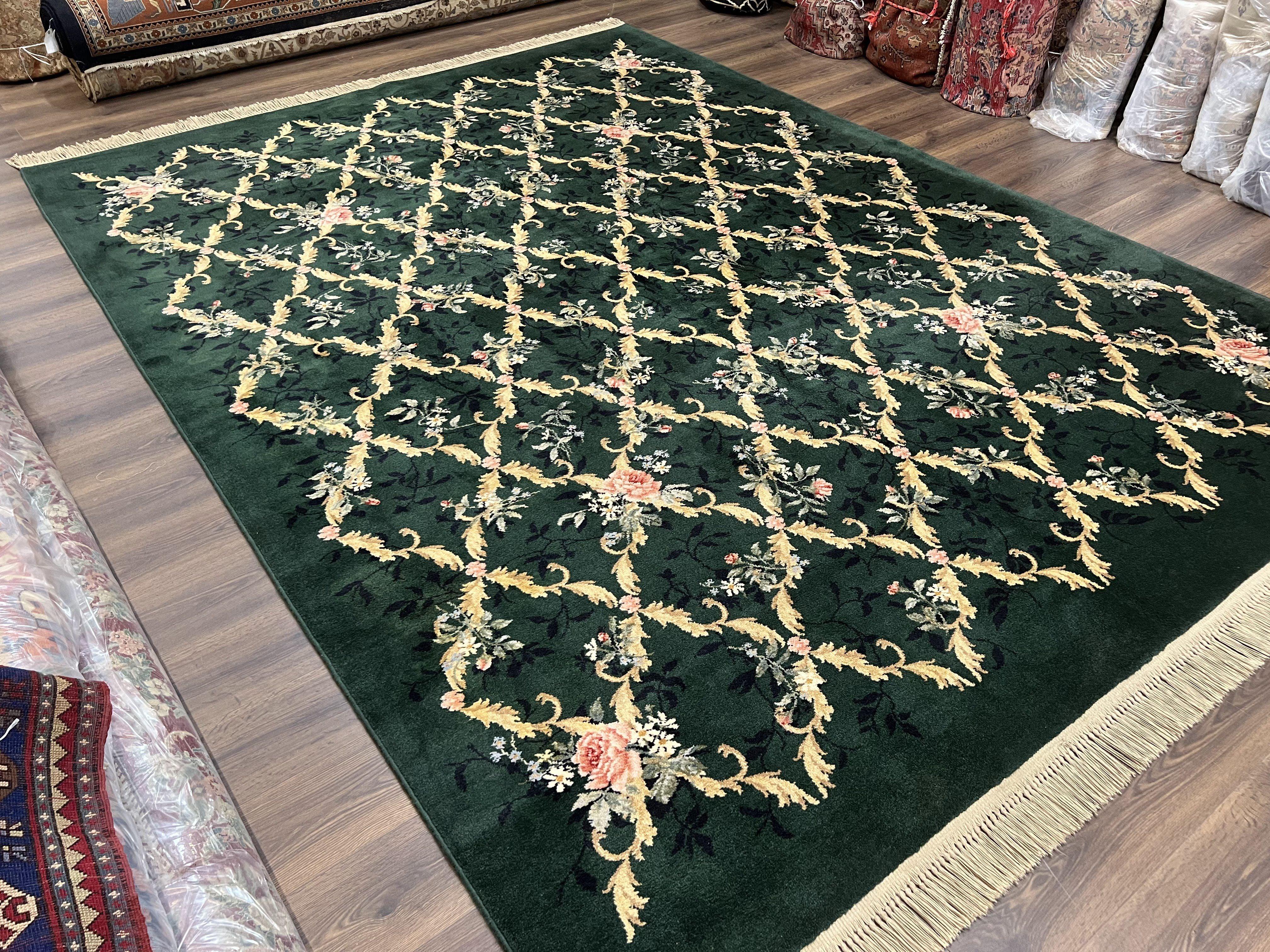 Karastan Garden of Eden Rug 8.8 x 11.8, Green Savonnerie 509/1733, Original Discontinued Karastan Rug, Floral Panel Wool Rug, Vintage Carpet - Jewel Rugs