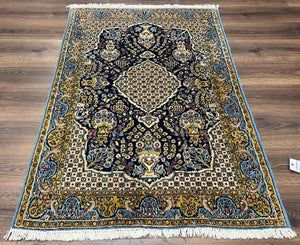 Fine Persian Qum Rug 3x5, Semi Antique Vintage Oriental Ghom Carpet, Floral Medallion, Highly Detailed, Hand Knotted, Navy Blue, Wool Area Rug, Birds - Jewel Rugs