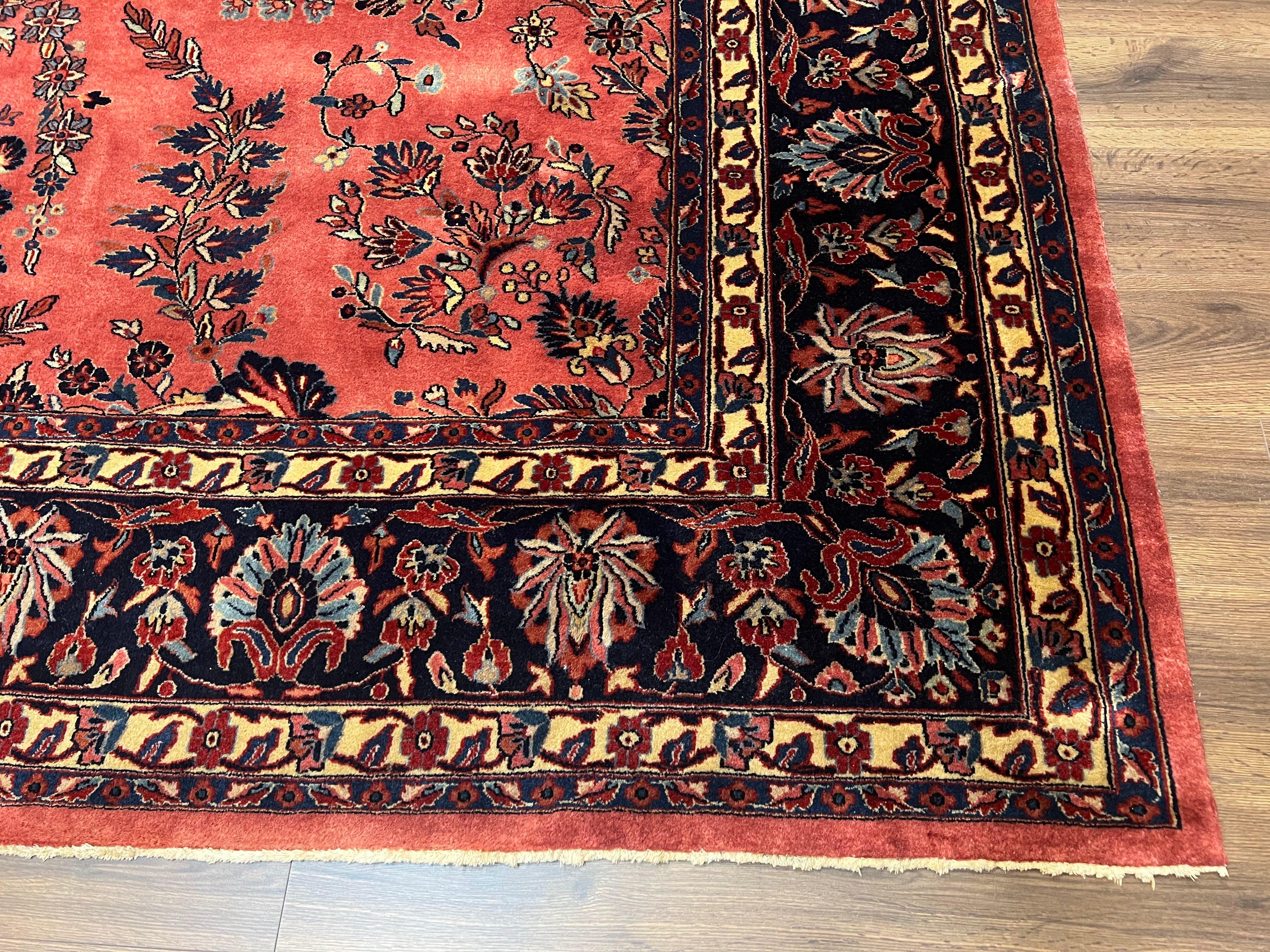 Indo Sarouk Rug 10x14, Vintage Indian Persian Area Rug 10 x 14, Wool Hand-Knotted Oriental Carpet, Red Floral Allover Large Rug, Beautiful - Jewel Rugs