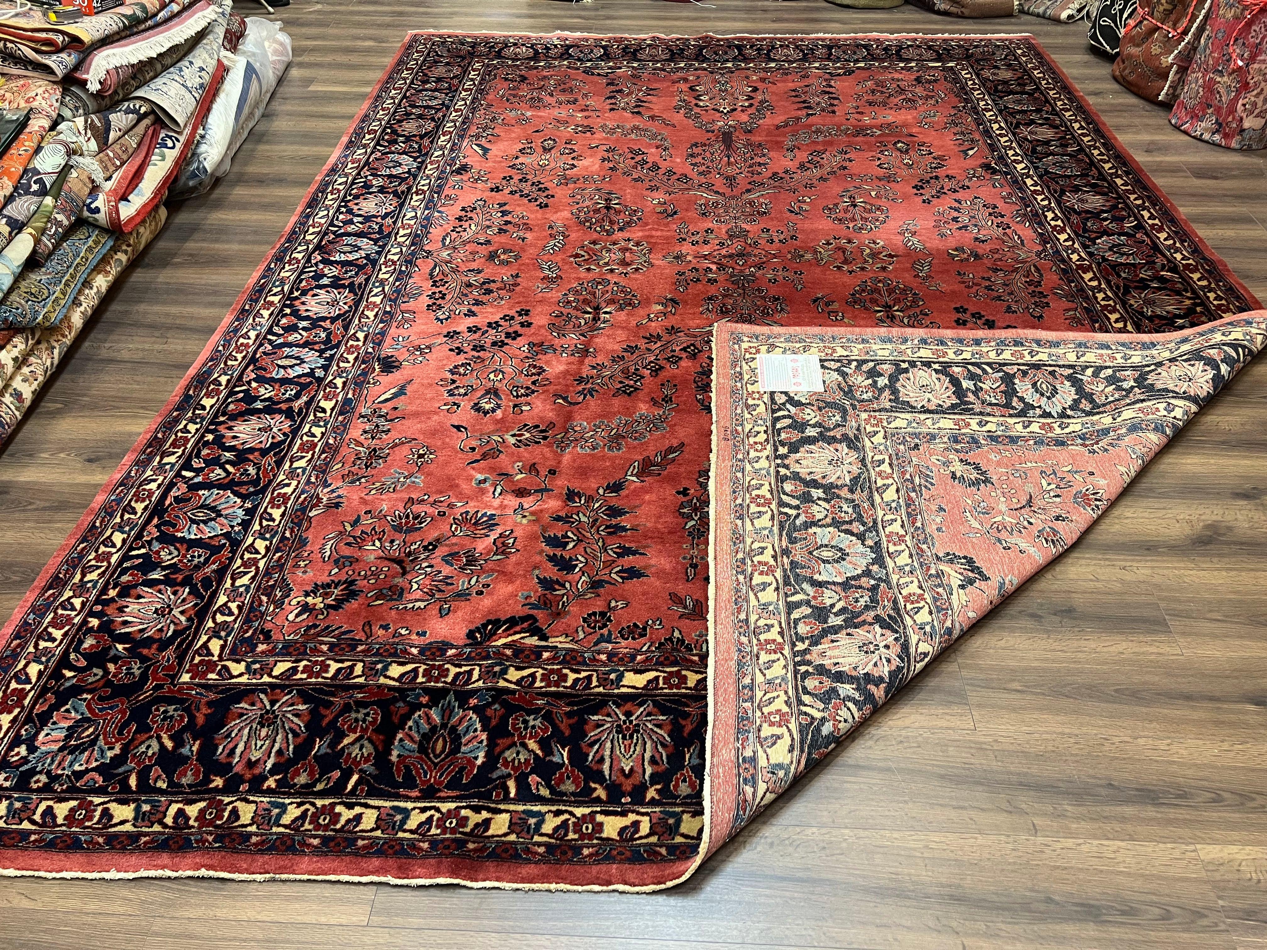 Indo Sarouk Rug 10x14, Vintage Indian Persian Area Rug 10 x 14, Wool Hand-Knotted Oriental Carpet, Red Floral Allover Large Rug, Beautiful - Jewel Rugs