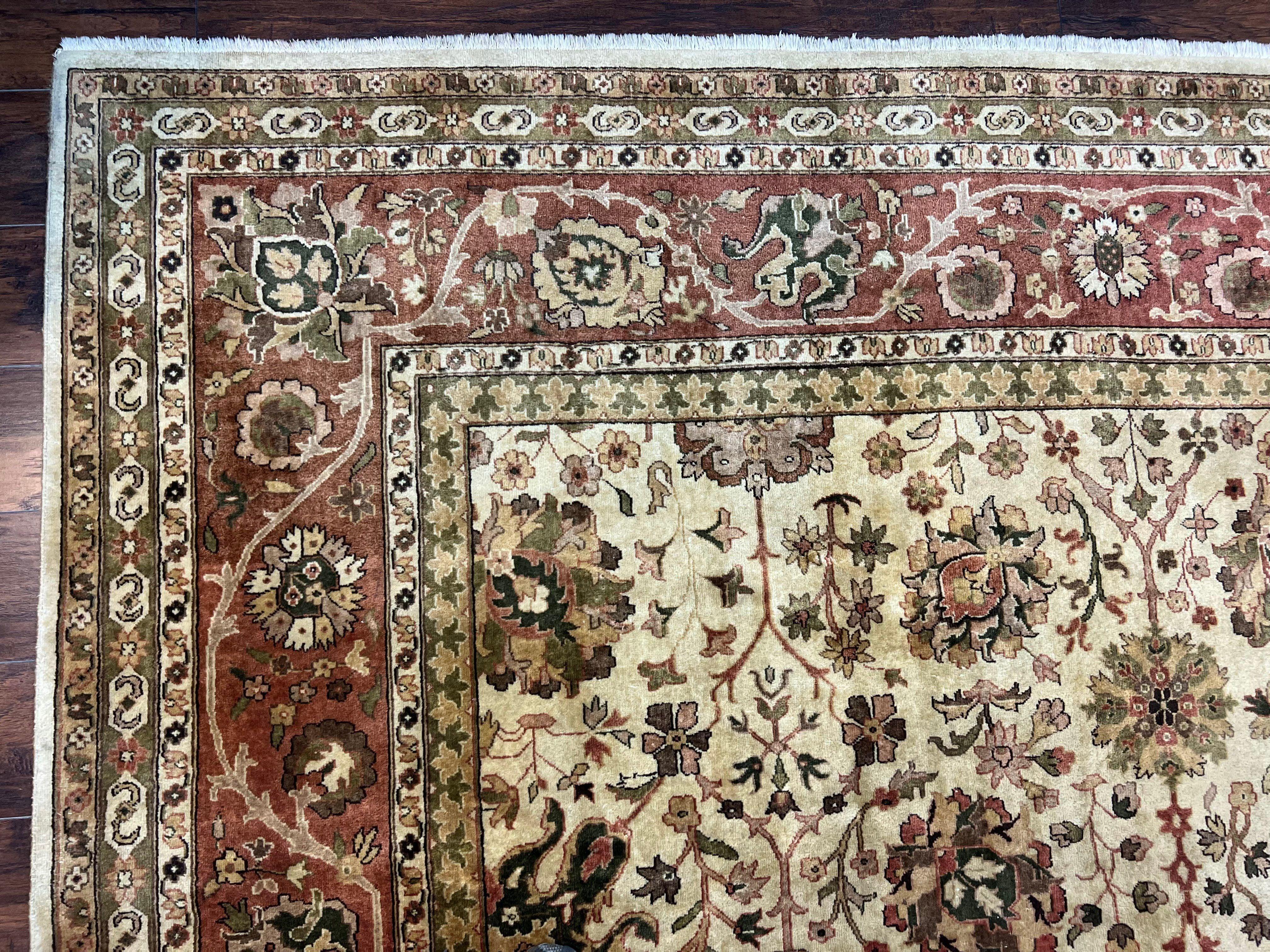 Large Indian Rug 10x14, Hand Knotted Indo Persian Gandehar Oriental Carpet, Vintage Wool Rug 10 x 14 ft Cream Red Floral Allover Traditional - Jewel Rugs