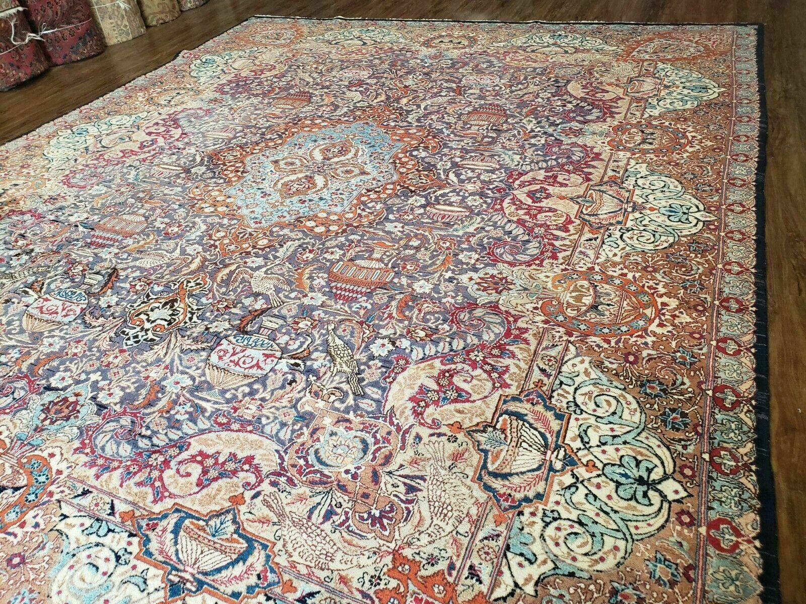 10' X 12' Vintage Handmade Persian Kashmar Animal Pictorial Wool Rug - Light Blue, Blue, and Red Carpet - Jewel Rugs