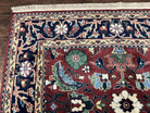 Indo Heriz Rug 6x9 Indian Persian Carpet, Vintage Rug 6 x 9 Oriental Rug, Hand Knotted Wool Rug Red Black Blue Colorful Allover Large Leaves - Jewel Rugs