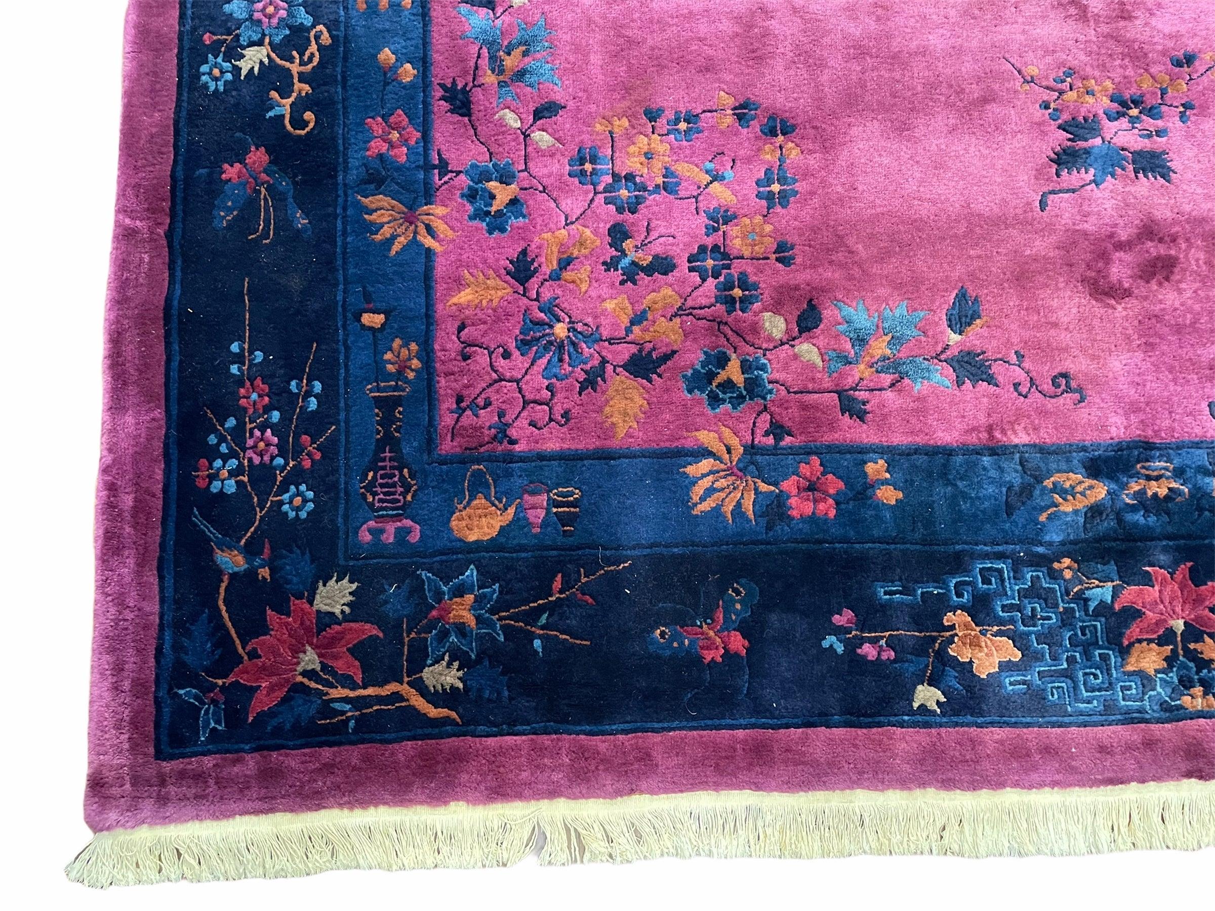 Antique Chinese Art Deco Rug 9x12 Purple Rug, Magenta Chinese Nichols Rug 9 x 12, Antique Art Deco Carpet, Peking Rug, Rare Antique Wool Rug - Jewel Rugs