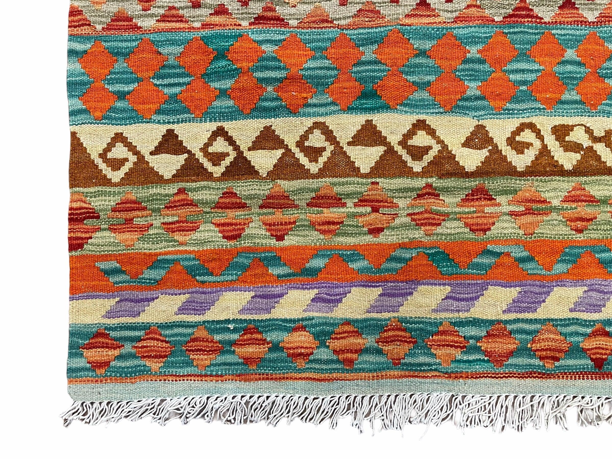 New 3x4 Kilim Rug Colorful Striped Kilim Rug Small Flatweave Multicolor Kilim 3 x 4 Small Kilim Wool Rug, Tribal Turkish Anatolian Kilim Rug - Jewel Rugs