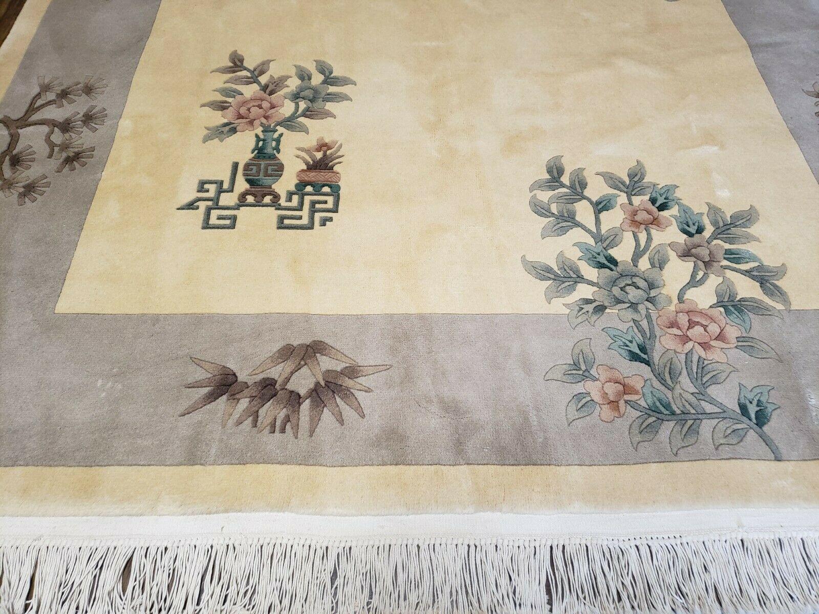 6' X 9' Vintage Handmade Chinese Art Deco 120 Lines Wool Rug Flowers Nice Ivory - Jewel Rugs