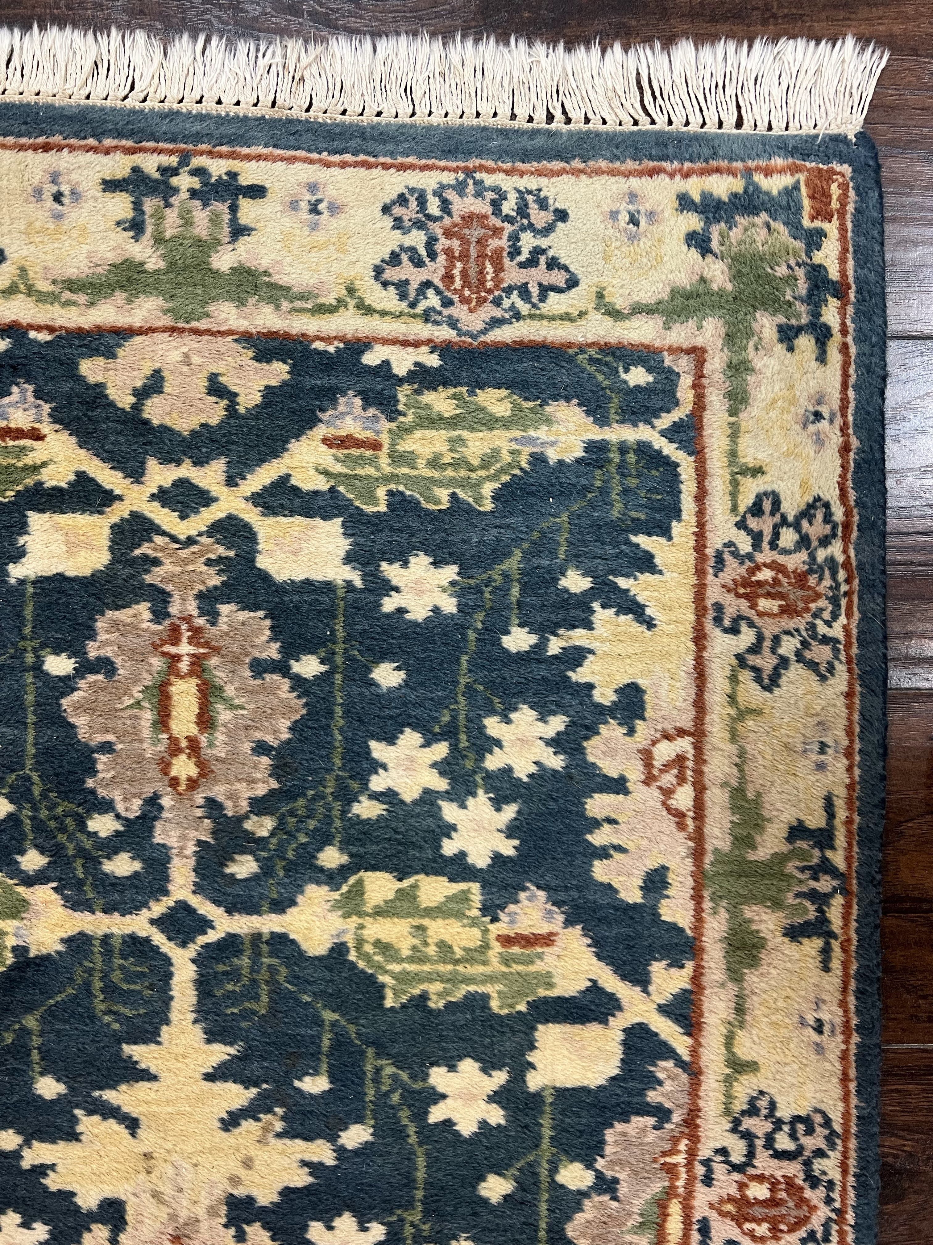 Indian Runner Rug 2.6 x 12, Navy Blue Beige Oriental Runner Rug 12ft Long, Narrow Hallway Runner, Wool Hand Knotted Indo Persian Mahal Rug - Jewel Rugs