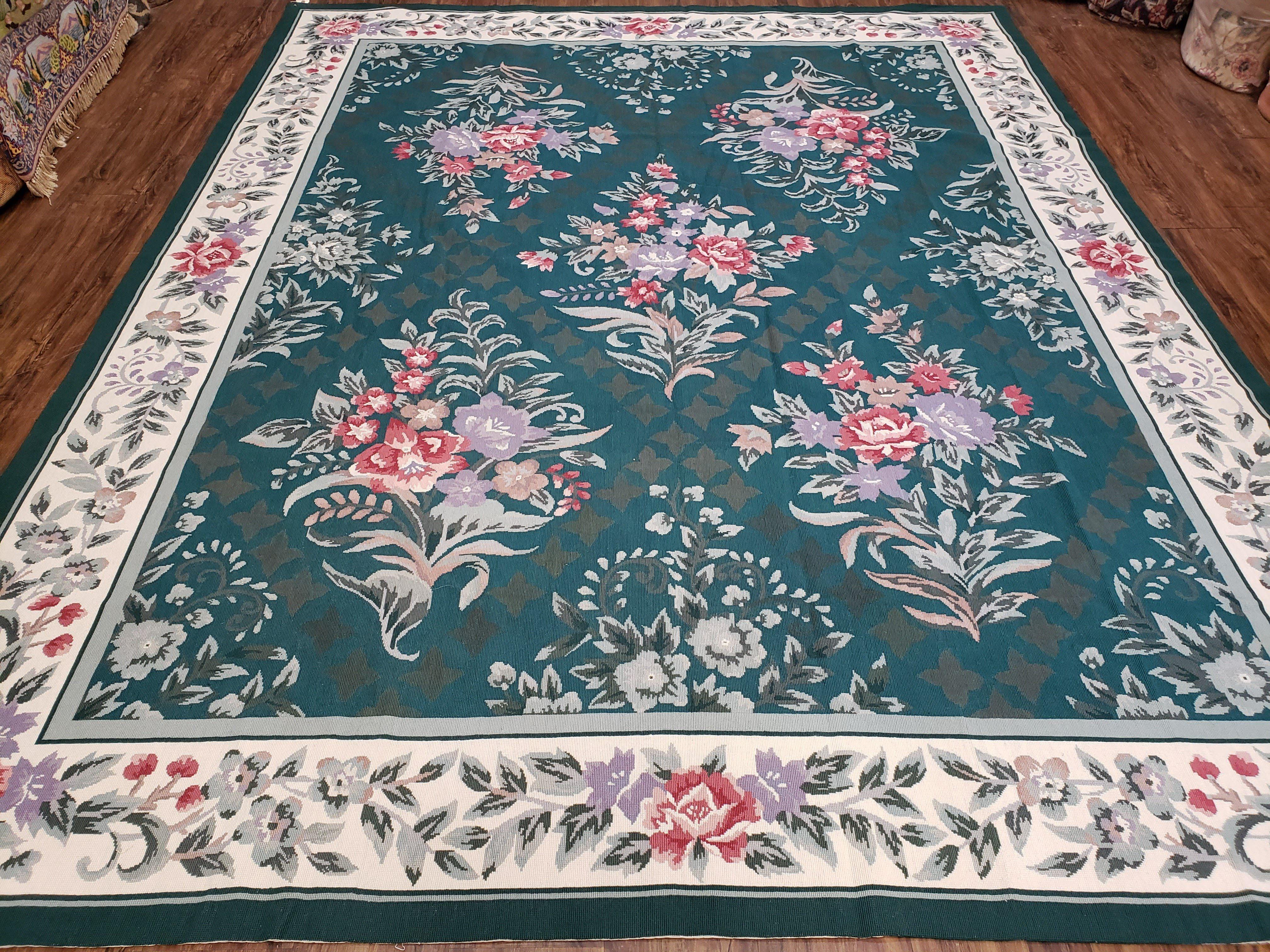 Chinese Needlepoint Rug 8x10, Vintage Green Area Rug, Hand-Woven Flatweave Floral European Design Carpet Wool Handmade 8x 10 Living Room Rug - Jewel Rugs