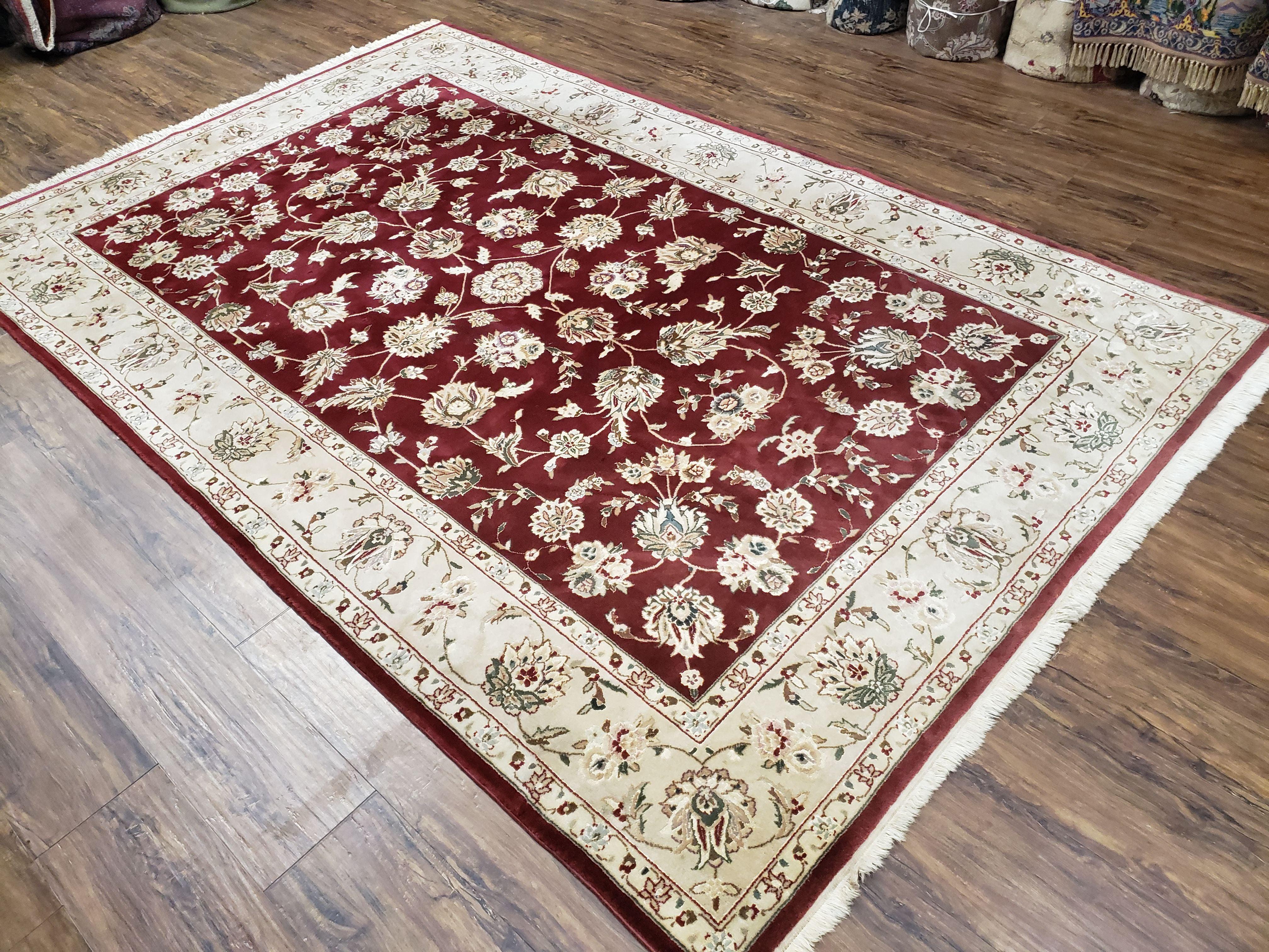 Vintage Traditional Oriental Area Rug, Hand-Knotted, Wool & Silk Accents, Maroon Red and Beige, 6x9 Carpet, 5' 9" x 9' - Jewel Rugs