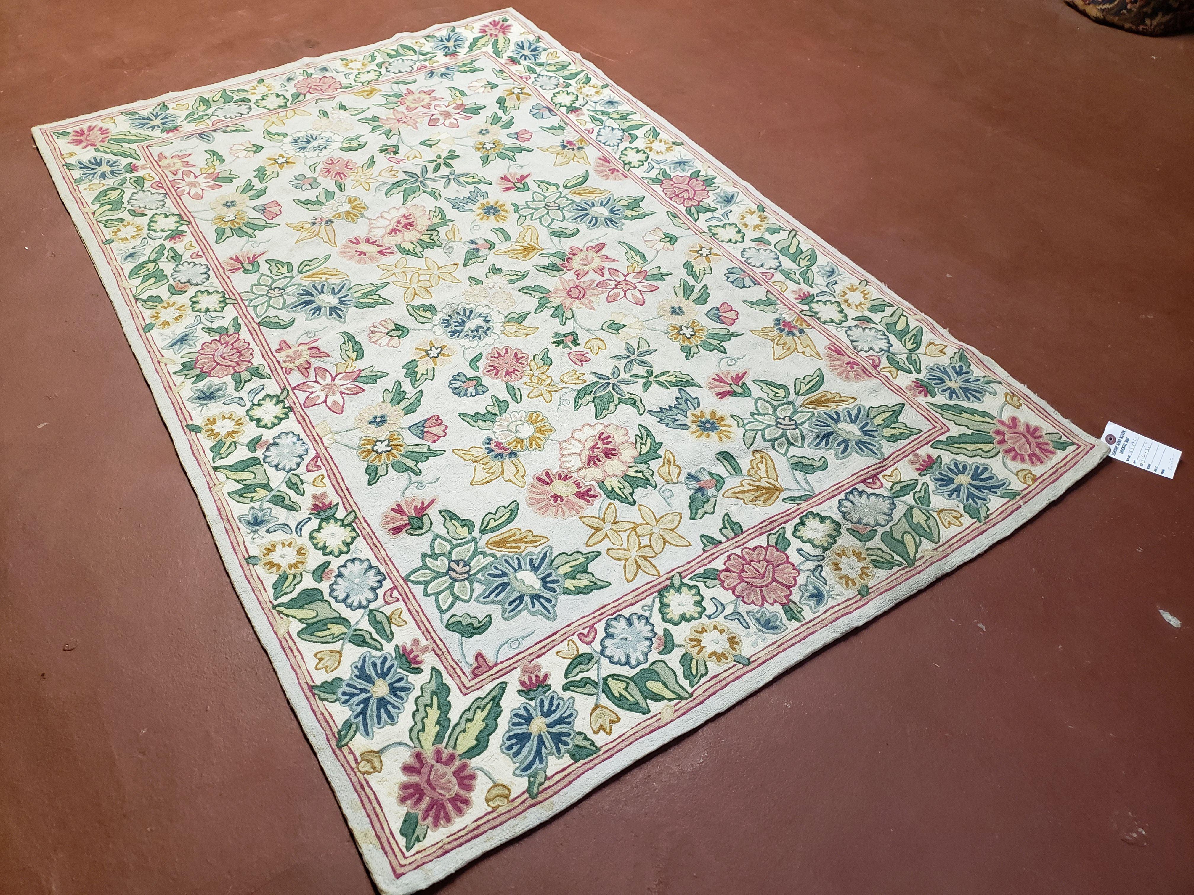 4x6 Chain Stitch Rug 3x5 Indian Rug Hand-Stitched Indo Rug 3' 6" x 5' 5" Floral Pattern Colorful Vintage Wool Pile Cotton Area Rug Flowers - Jewel Rugs