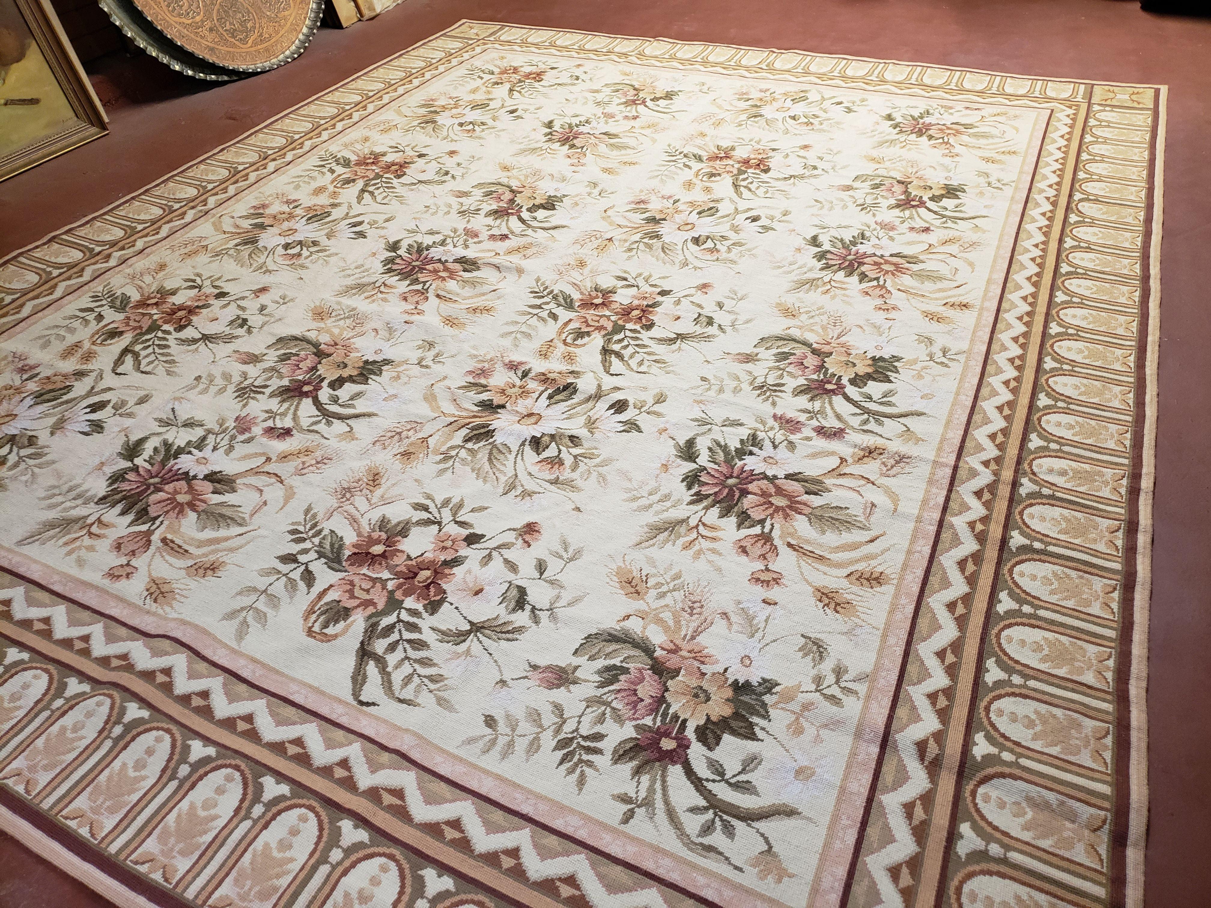 Needlepoint Rug 8x10 Aubusson Rug Victorian Floral Rug Handmade French Style French Decor Garden Panel Beige 8 x 10 Area Rug 100% Wool - Jewel Rugs