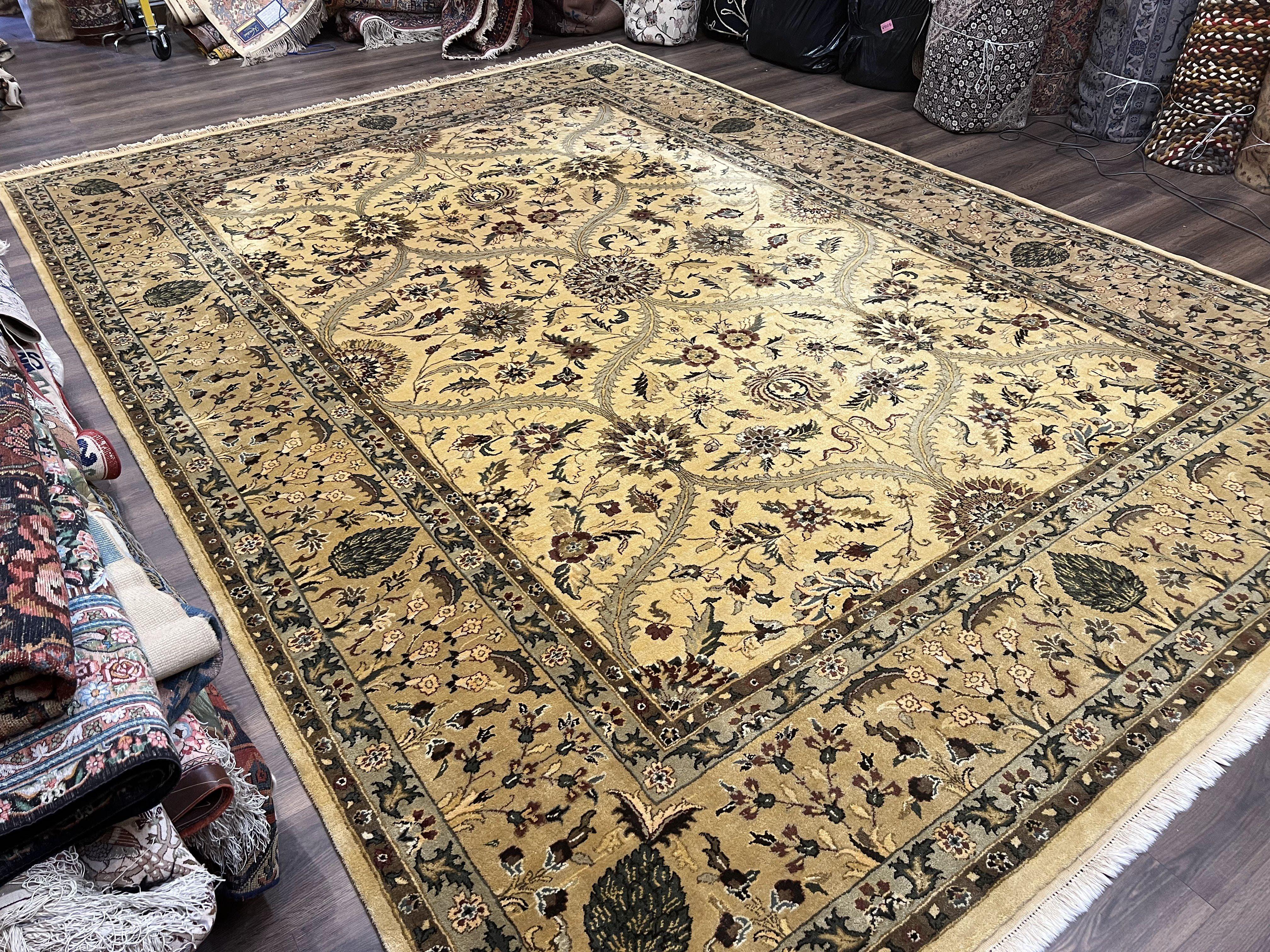 Indo Persian Mahal Rug 10x14, Wool Hand Knotted Oriental Carpet, Cream Floral Allover, Vintage Area Rug 10 x 14, Traditional Rug, Handmade - Jewel Rugs