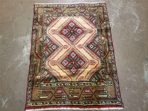 Small Persian Rug 2x3, Hand Knotted Handmade Wool Tribal Geometric Medallion Hamadan Carpet 2 x 3 ft Cream Red Camel Hair Color, Tiny Vintage Carpet - Jewel Rugs