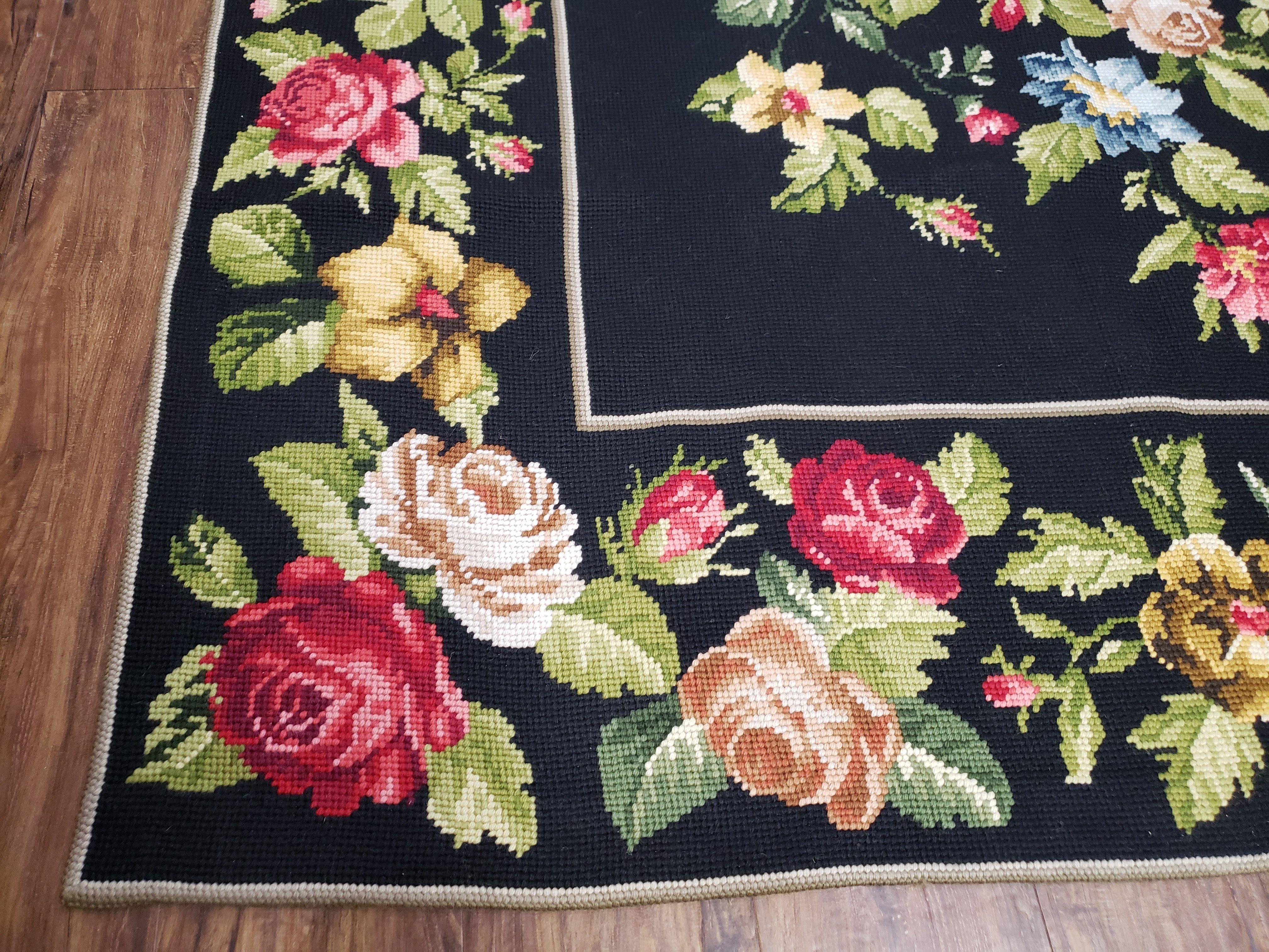 Vintage Black Floral Needlepoint Area Rug 5x8 - 6x9, Large Red & Pink Rose Flowers, Wool Hand-Woven Petitepoint Flatweave Living Room Carpet - Jewel Rugs