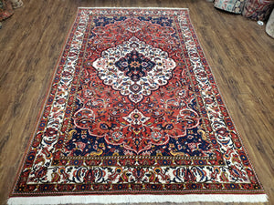 Semi Antique Persian Bakhtiari Rug, Hand-Knotted, Wool, Red, Midnight Blue, Ivory, Floral Medallion, 5'1" x 8' 6" - Jewel Rugs