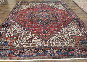 Antique Persian Heriz Rug, Hand-Knotted, Wool, Red Cream Dark Blue, 9' x 11' 10" - Jewel Rugs