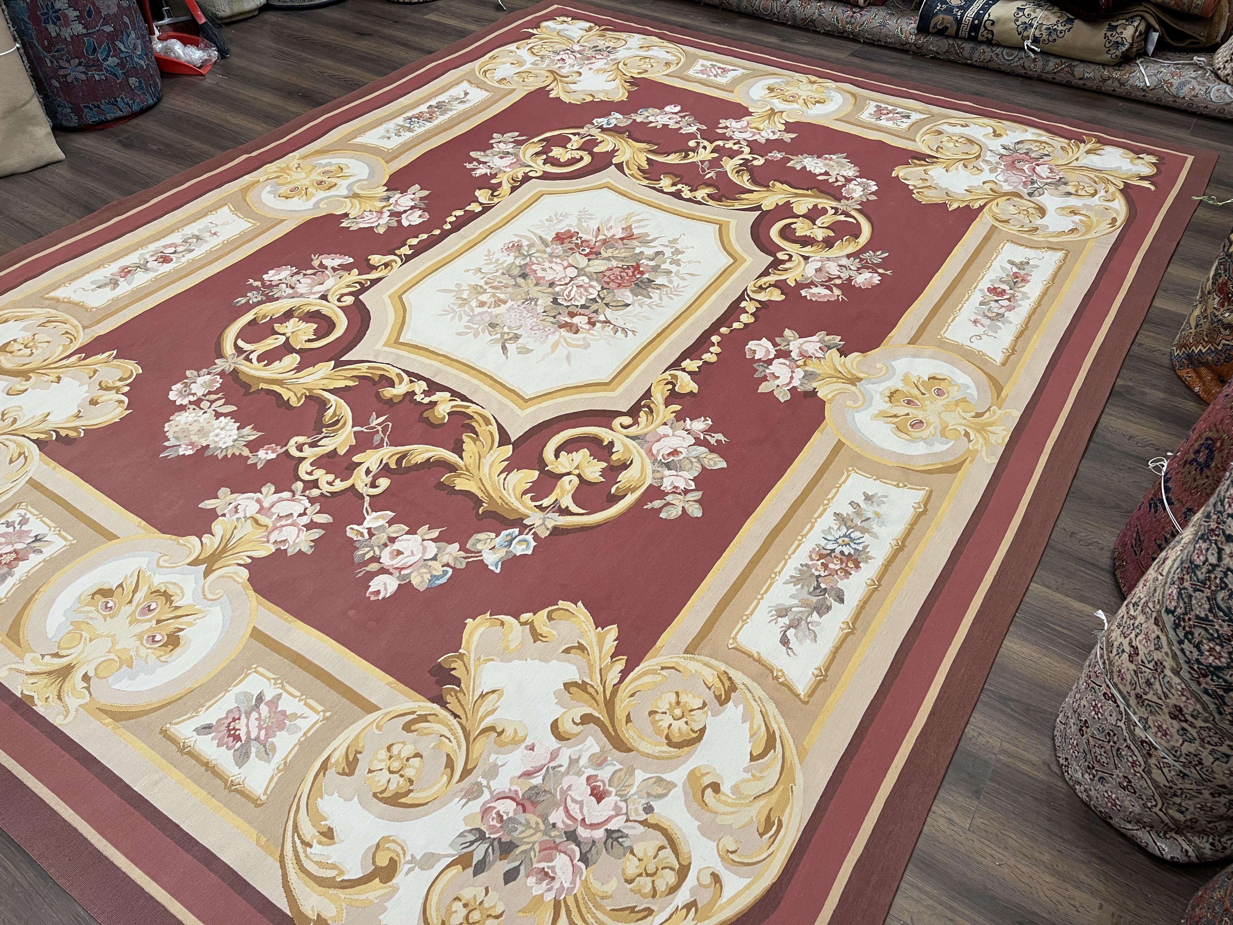 Aubusson Rug 9x12, Red Ivory Gold Tan, Handmade Hand Woven Aubusson Savonnerie Carpet, Vintage Flatweave Room Sized Aubusson Area Rug 9 x 12 - Jewel Rugs