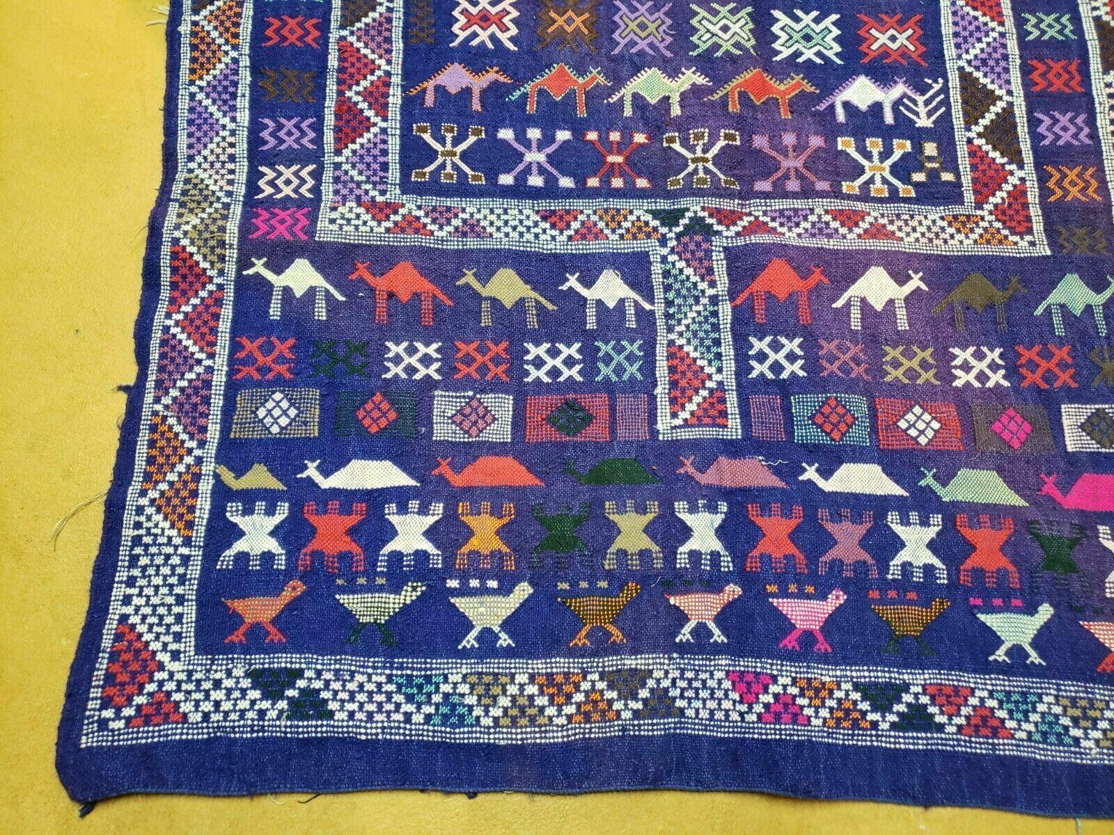 3' X 7' Vintage Handmade Indian Wool Kilim Flat weave Rug Camel Birds Blue Geometric Short Runner - Jewel Rugs