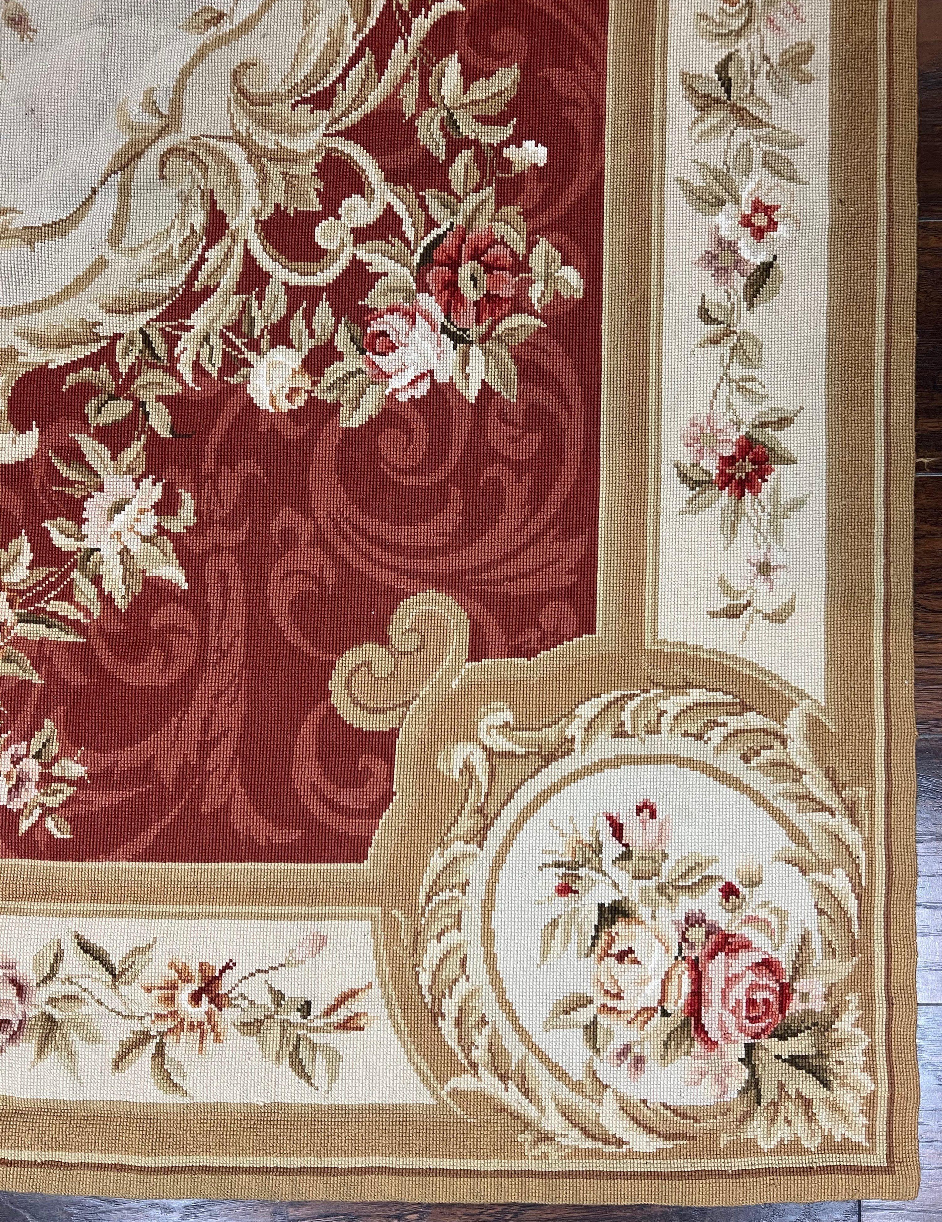 Aubusson Needlepoint Rug 5x8, Red Ivory Tan, Vintage Needlepoint Carpet 5 x 8 ft, Handmade Hand woven Wool, French European, Medium Size Rug - Jewel Rugs