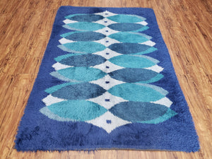 Blue Rya Rug, 1960s Mid-Century Danish Shag Rug 4'6" x 6'7", Ege Rya Modern Carpet, Cyan DeLuxe Rya Shag Rug, Vintage Area Rug 4x6, 5x7 Rug - Jewel Rugs