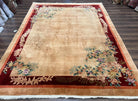 Chinese Art Deco Rug 9x12, Simple Design, Vintage Antique Asian Oriental Carpet, Handmade Wool Rug, Apricot and Maroon, Floral, 1950s Rug - Jewel Rugs