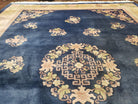 Vintage Chinese Art Deco Area Rug 10x13, Hand-Knotted Wool Chinese Blue & Cream Carving 90 Line Asian Carpet, Soft Art Deco 10 x 13 Rug Nice - Jewel Rugs