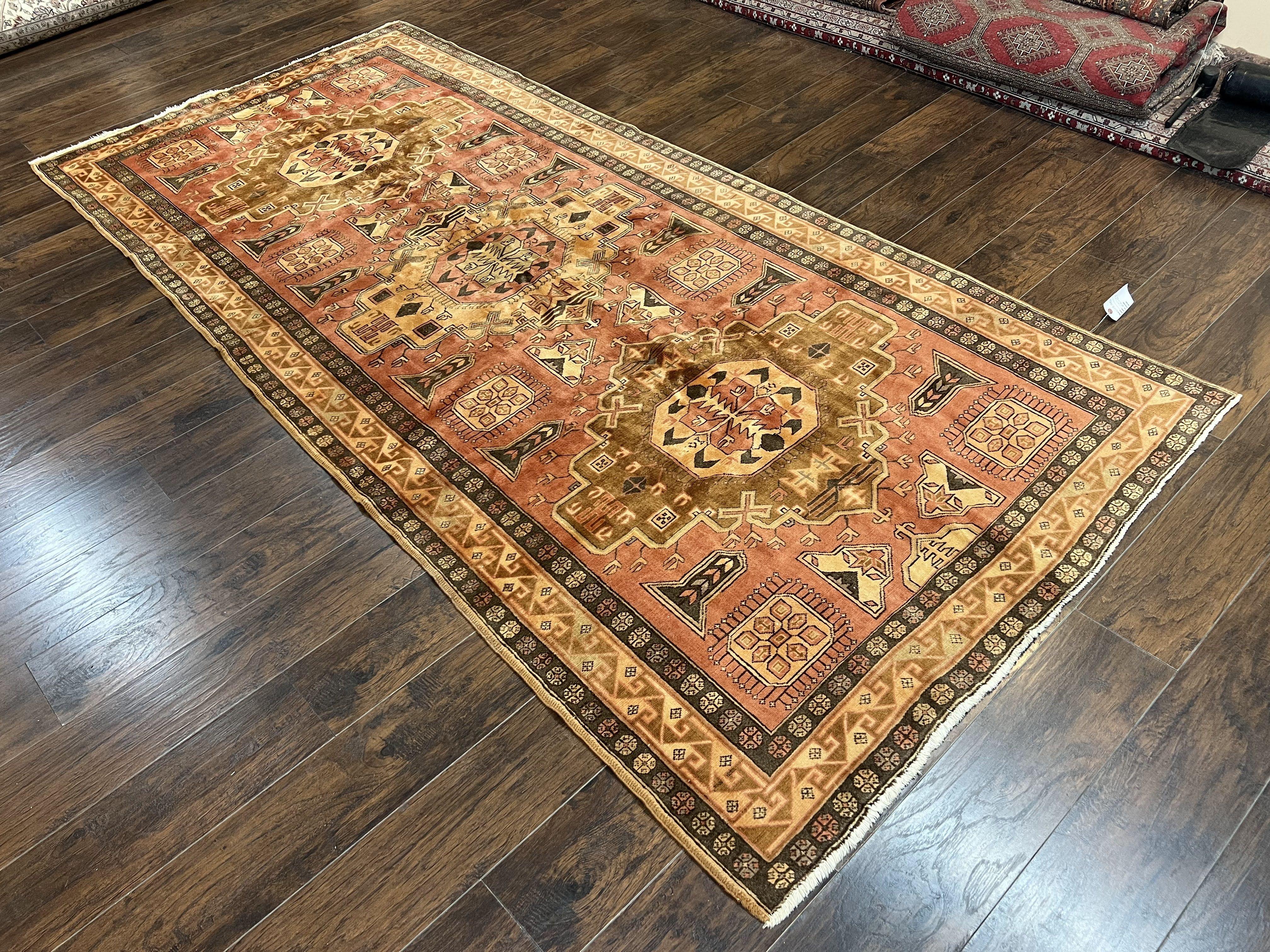 Wide Persian Ardabil Runner Rug 5x11, Vintage Semi Antique Handmade Wool Hallway Corridor Carpet, Geometric Caucasian Kazak Pattern, Salmon Cream - Jewel Rugs