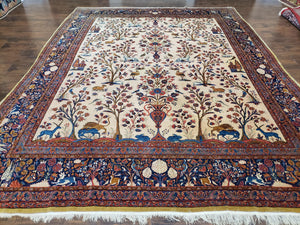Antique 1920s Persian Kashan Room Sized Rug, Wool Hand-Knotted, Ivory Red Blue, 10' x 13' 3" - Jewel Rugs