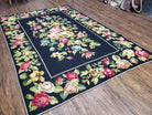 Vintage Black Floral Needlepoint Area Rug 5x8 - 6x9, Large Red & Pink Rose Flowers, Wool Hand-Woven Petitepoint Flatweave Living Room Carpet - Jewel Rugs