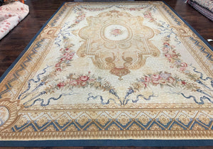 Chinese Aubusson Rug 10x14, Elegant Flatweave Rug, Hand Woven Aubusson Savonnerie Carpet, Vintage Aubusson Rug, Beige and Blue Wool Aubusson - Jewel Rugs