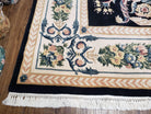 Vintage Chinese Aubusson Savonnerie Wool Area Rug, Hand-Knotted, Black & Beige, Elegant 9x12 Living Room Carpet 8.11 x 12.7 European Design - Jewel Rugs