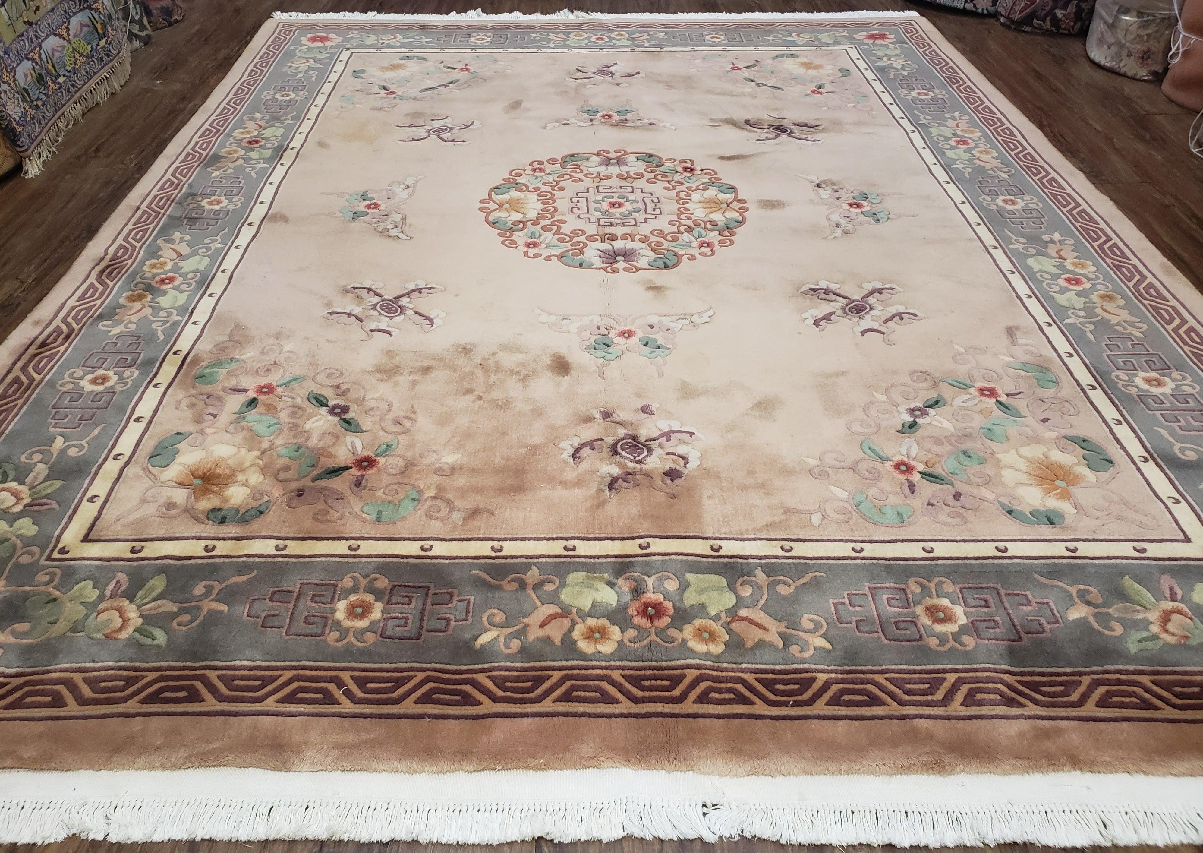 90 Line Chinese Rug 8x10, Chinese Art Deco Rug, Vintage Plush Area