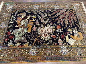 Persian Qum Pictorial Rug 4.8 x 6.5, Layla & Majnun Lovers Floral Birds, Super Fine Top Quality, Soft Kork Wool, Handmade Detailed, Semi Antique Ghom Carpet - Jewel Rugs