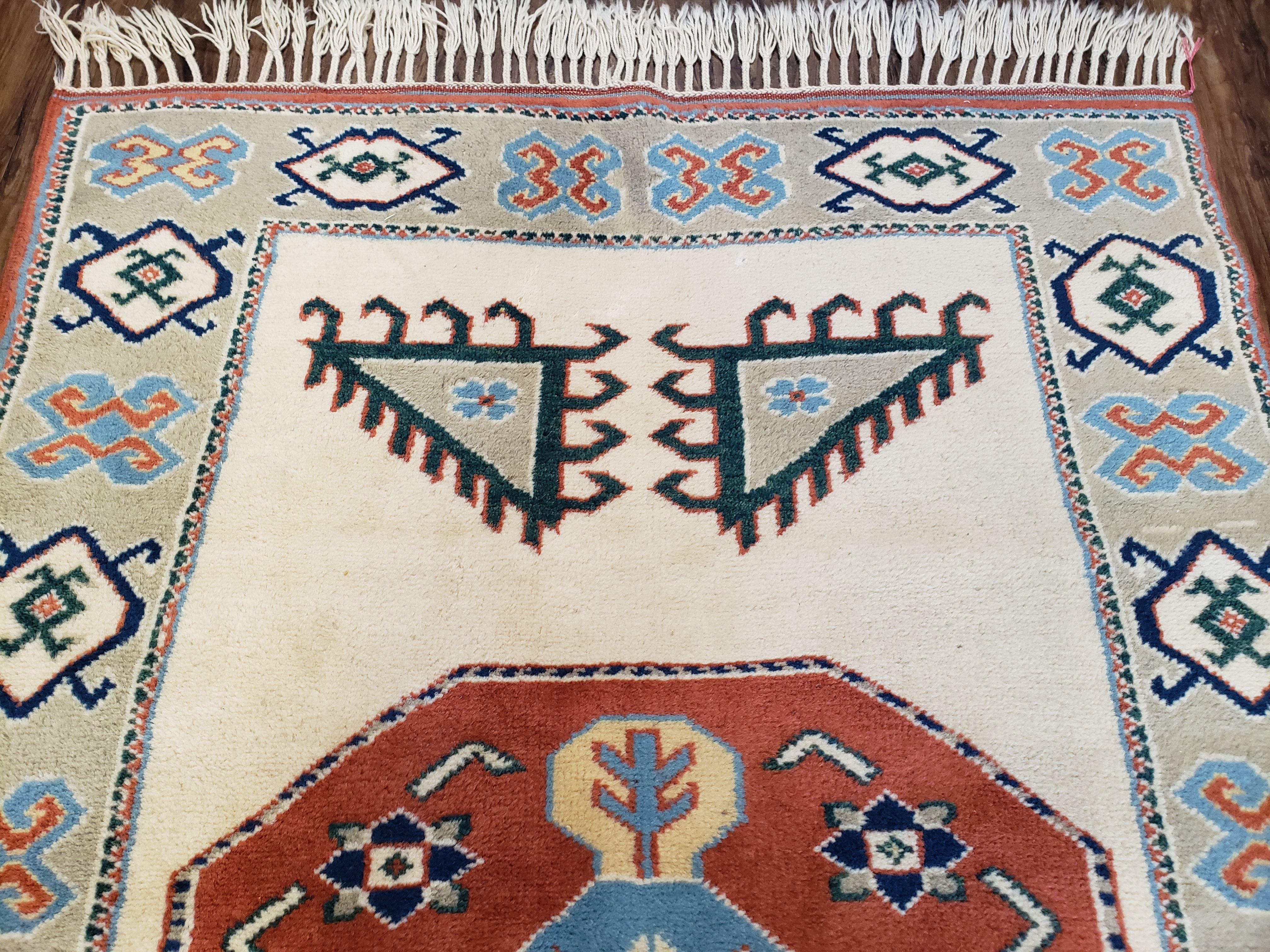 Vintage Turkish Rug 4x6, Beige Red Gray Carpet, Caucasian Design, Tribal Rug, Hand-Knotted, Boho Rug, Bohemian Home Decor - Jewel Rugs