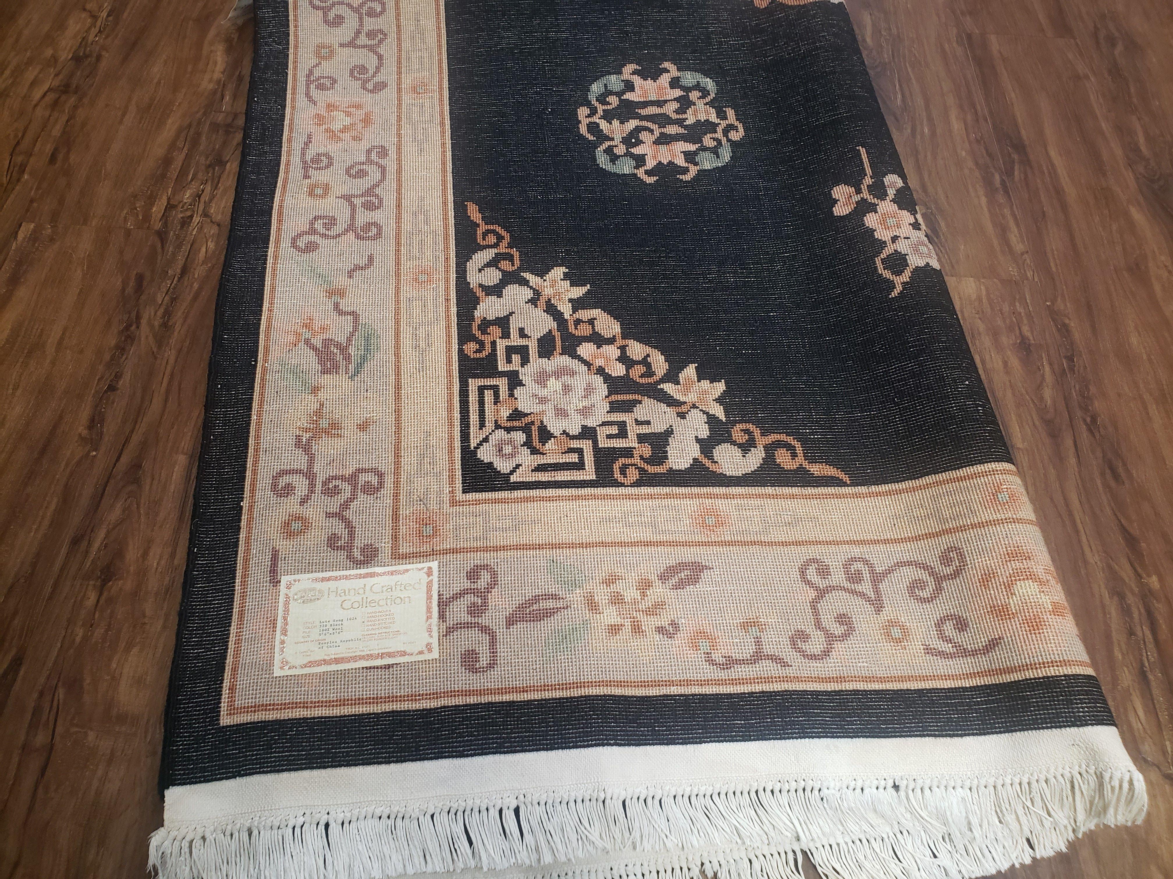 Vintage Chinese Art Deco Area Rug 5' 7" x 8' 3", Black & Gray Hand-Knotted Wool Carpet, Traditional Asian/Oriental Carpet, Flowers Soft Pile - Jewel Rugs