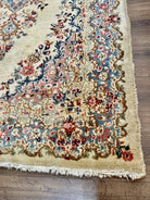 Persian Kirman Rug 4x7, Semi Antique 1950s Wool Oriental Carpet, Cream Light Blue Salmon Pink, Floral Medallion Semi Open Field Hand Knotted - Jewel Rugs